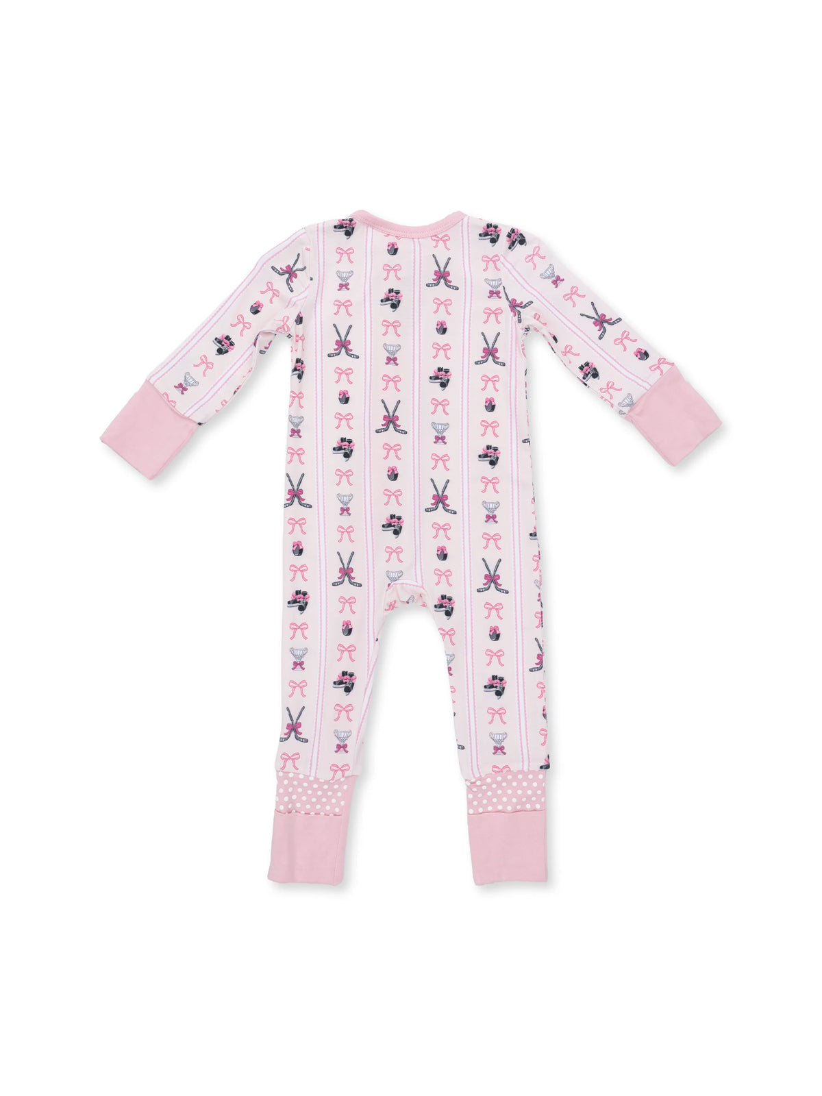 Pink baby onesie featuring whimsical patterns of bows, cupcakes, and sewing tools. Back view.
