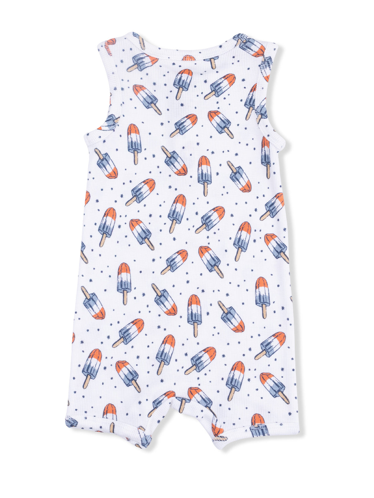 White baby romper with colorful popsicle print and blue stars, perfect for summer wear.