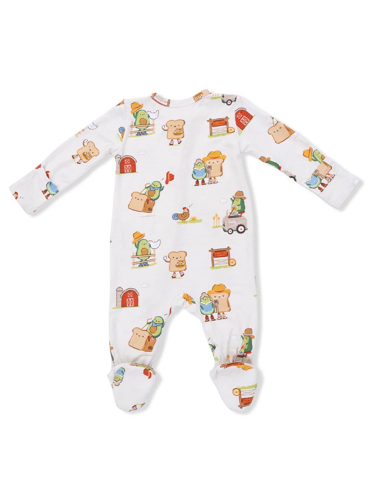 White baby onesie with playful farm-themed prints featuring cute animals and food characters.