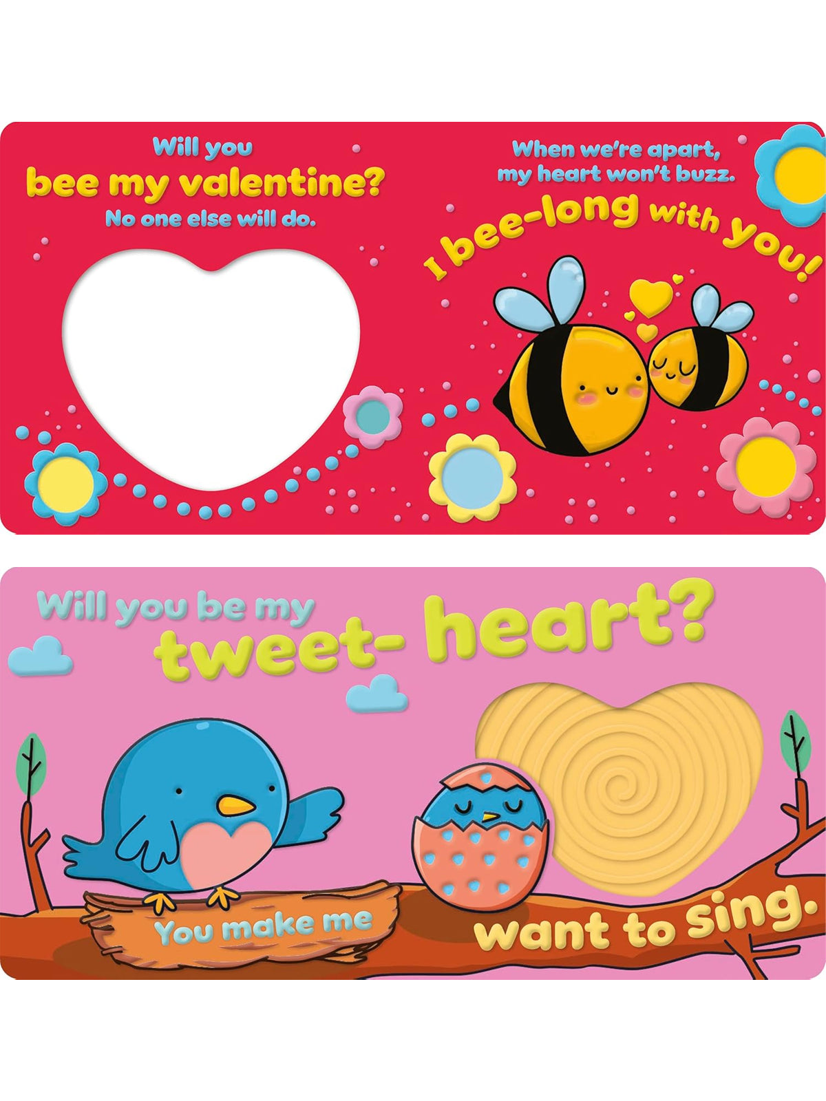 Colorful Valentine’s Day card featuring bees and birds with playful text about love and affection.