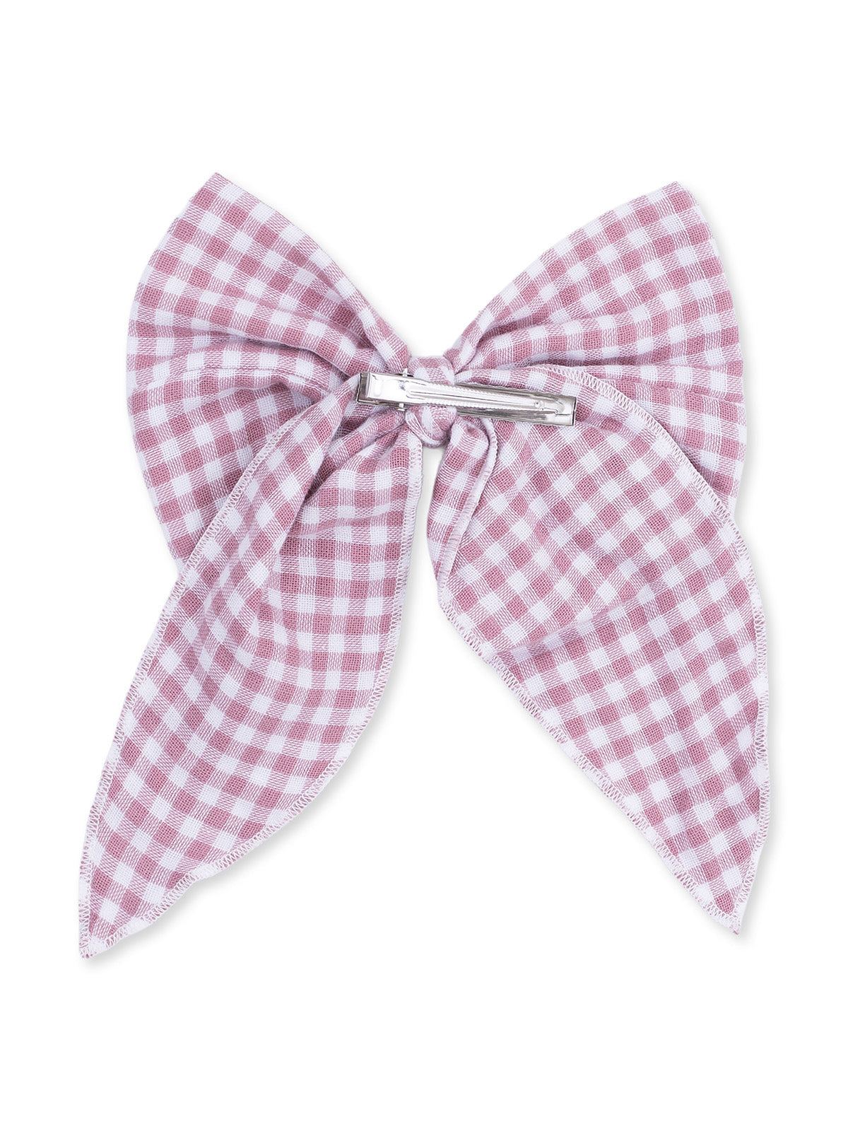 Pink and white gingham hair bow with a metal clasp centered on a white background.