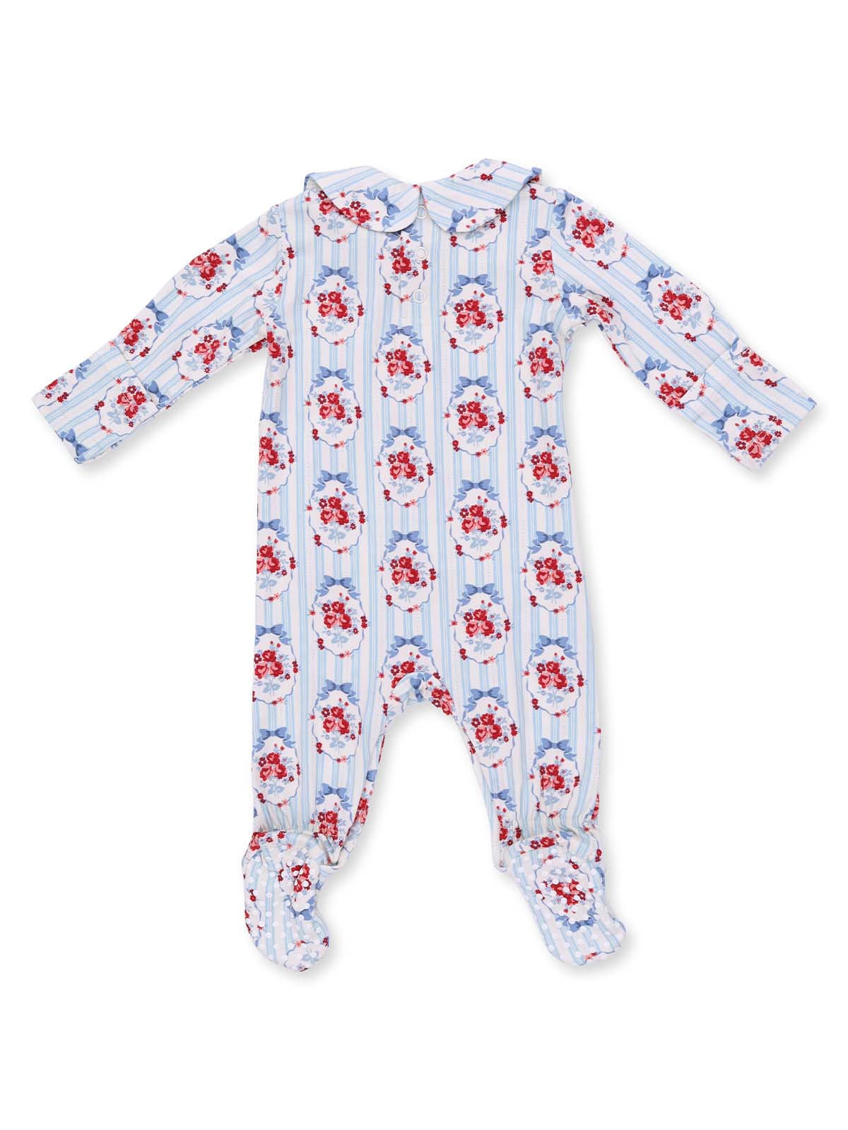 Floral-patterned children's onesie with blue stripes and a collar, featuring a festive design in red and blue hues.