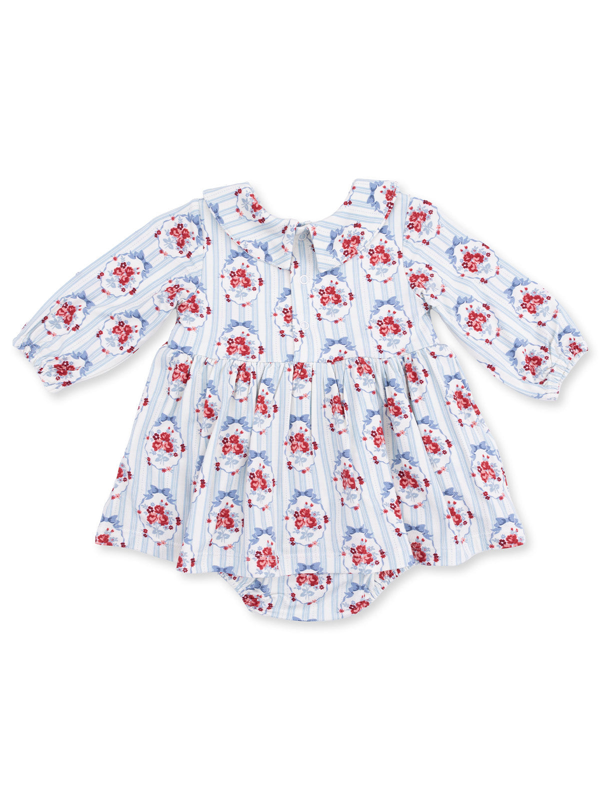 Floral-patterned baby dress with a collar and puffed sleeves, featuring red and blue flowers on a striped background.