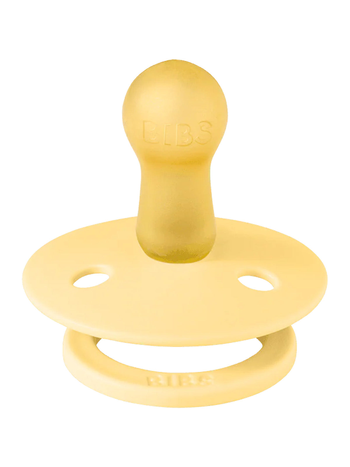 Yellow rubber pacifier with the brand name "BIBS" embossed on the handle and a round nipple.