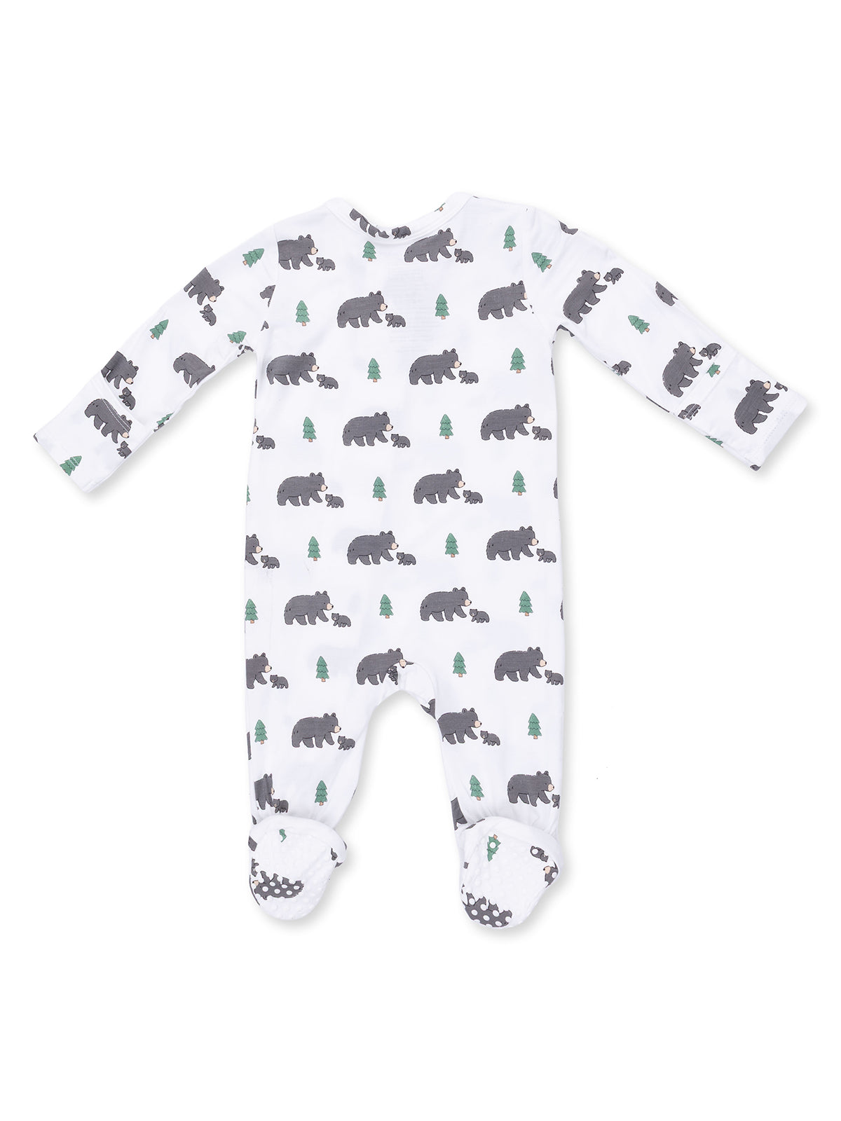 White baby onesie with bear and tree patterns, featuring long sleeves and footed design.