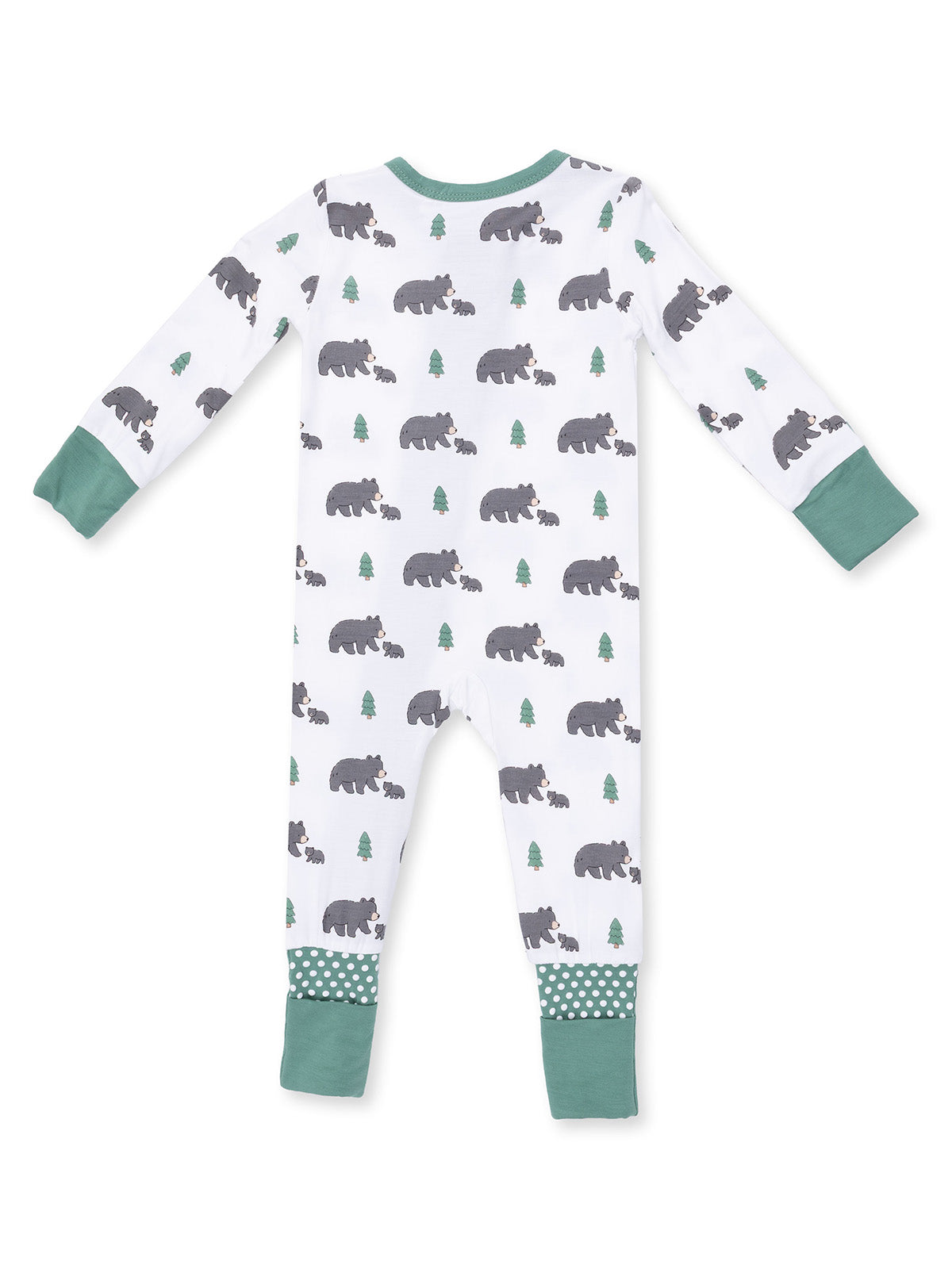 Children's pajamas with a bear and tree pattern, featuring long sleeves and green trim. Back view shown.