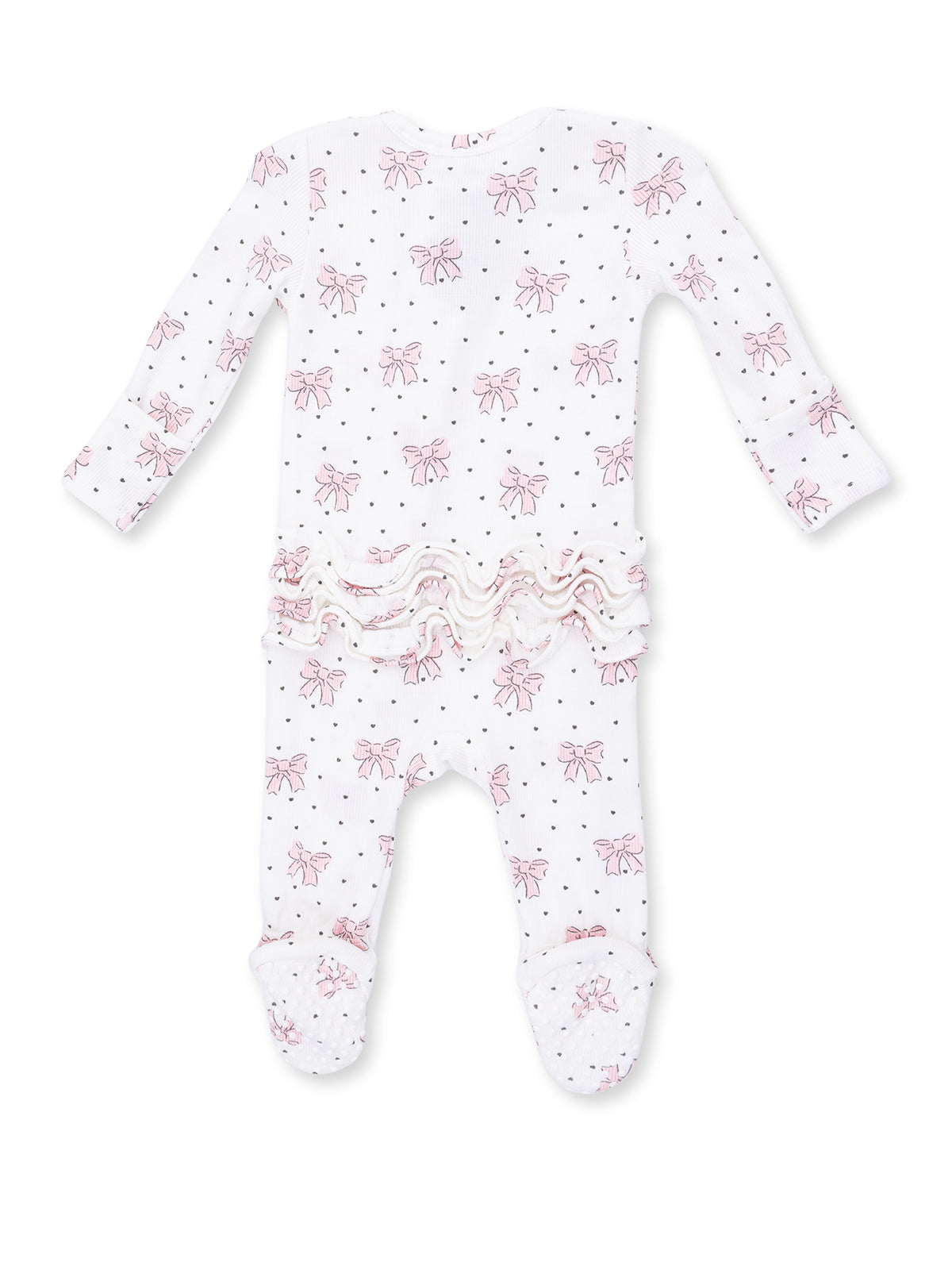 White baby romper with pink bow patterns and ruffled trim, featuring long sleeves and footed design.