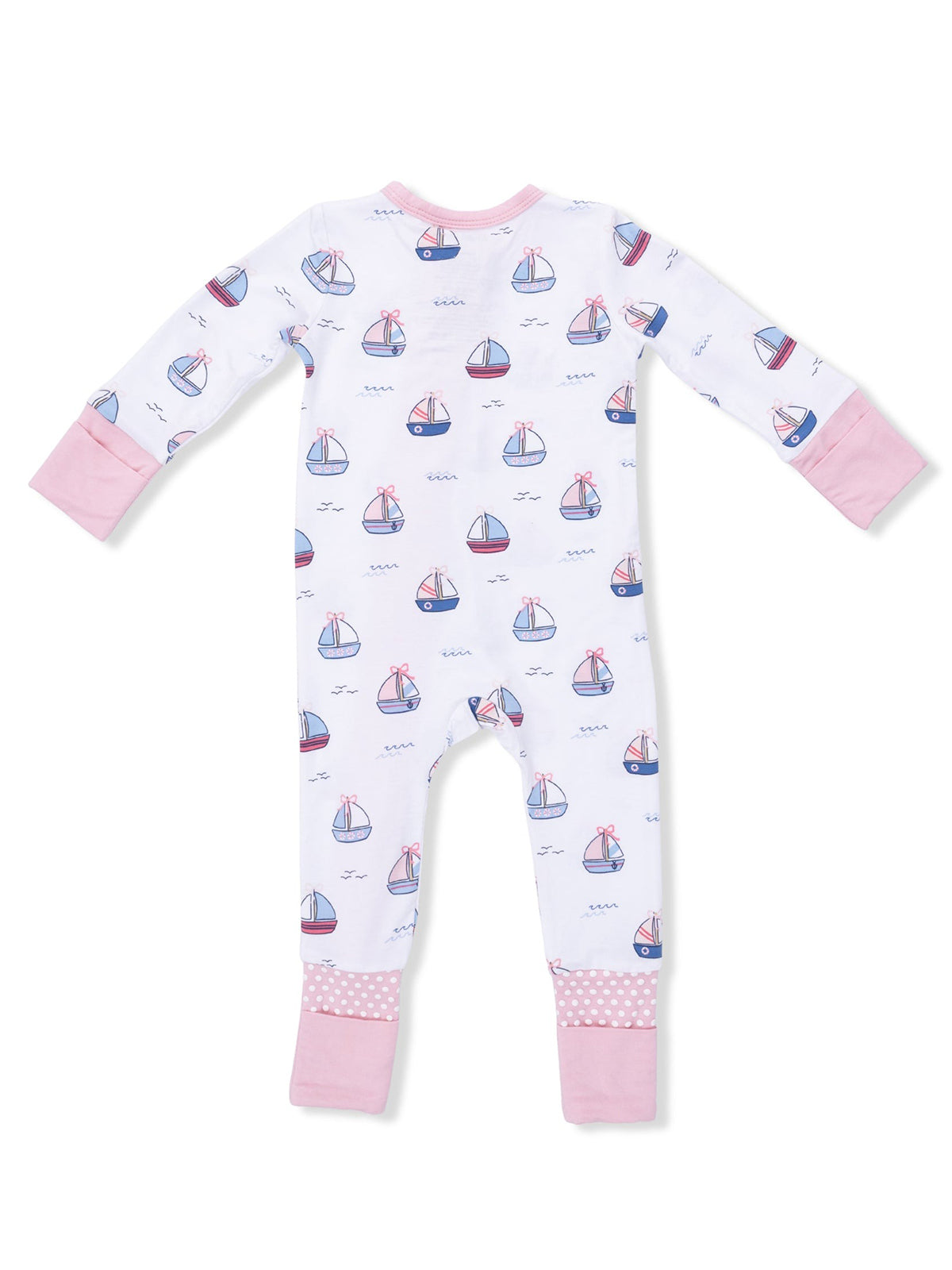 Baby footed pajamas featuring a boat print with pink accents, viewed from the back. Ideal for cozy sleepwear.