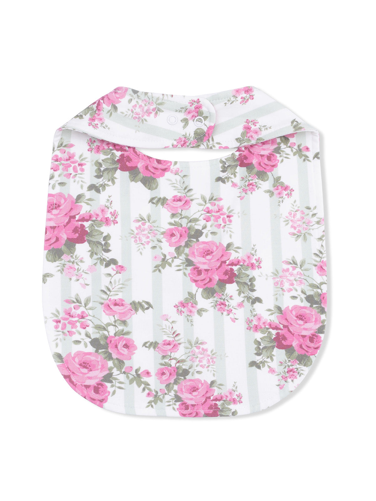 Floral patterned baby bib featuring pink roses on a white striped background.