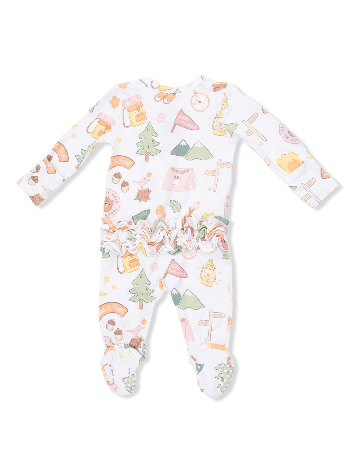 Child's playful onesie featuring camping-themed graphics and a ruffled waist, ideal for outdoor adventures.