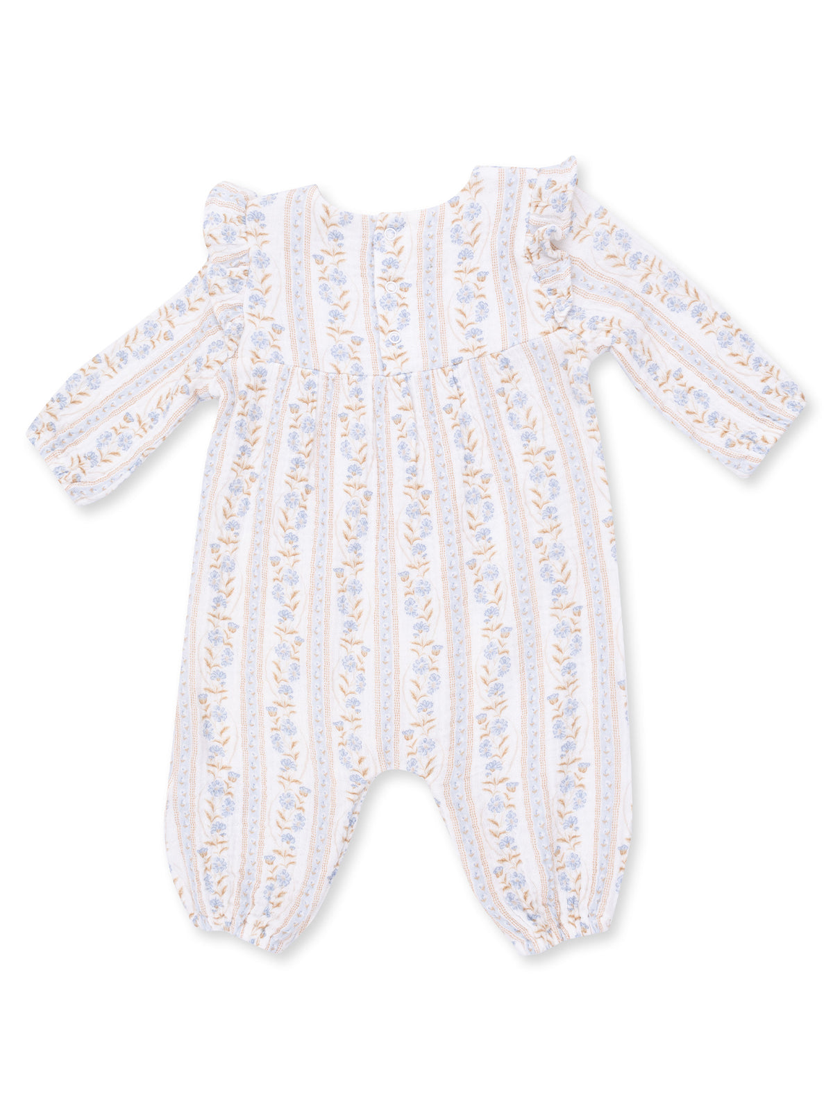 Light floral baby romper with ruffles; white base with blue and yellow stripes, perfect for warm weather.