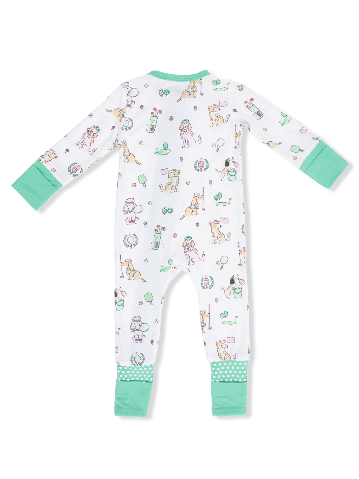 Back view of a toddler's pajama onesie with playful pet-themed prints and mint green cuffs.
