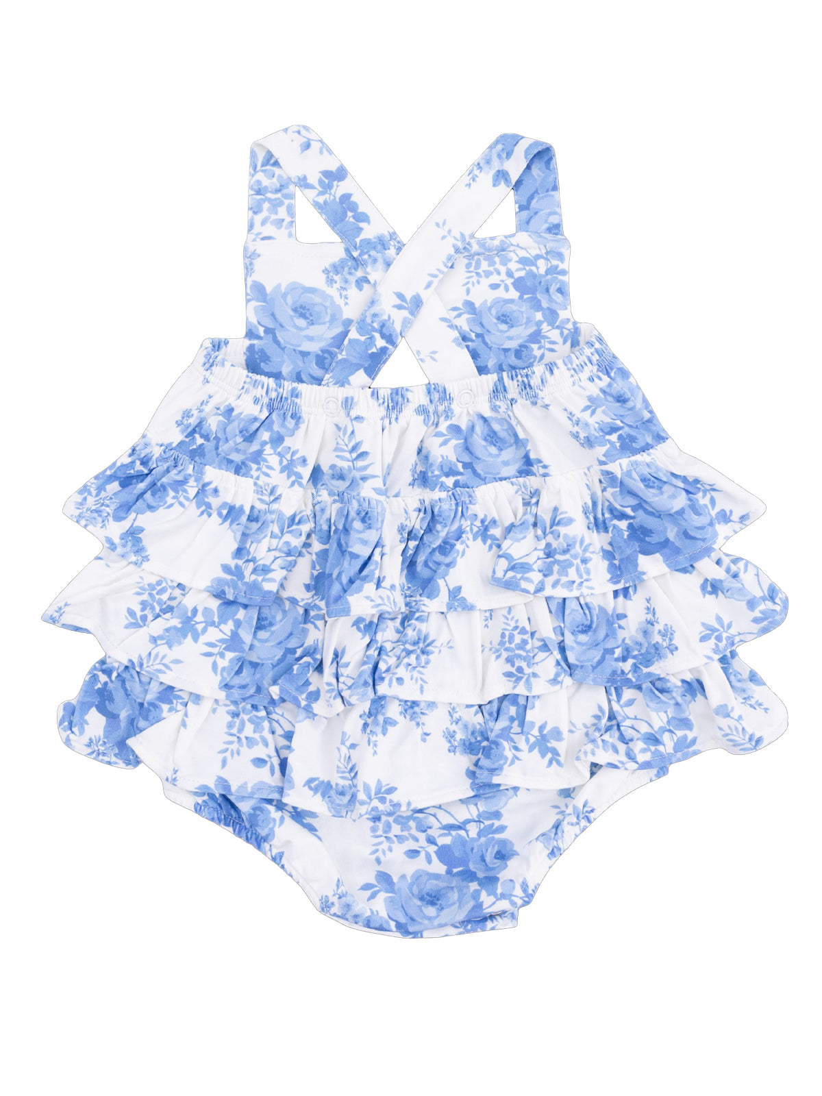 Blue floral ruffled baby dress with crisscross straps on a white background.