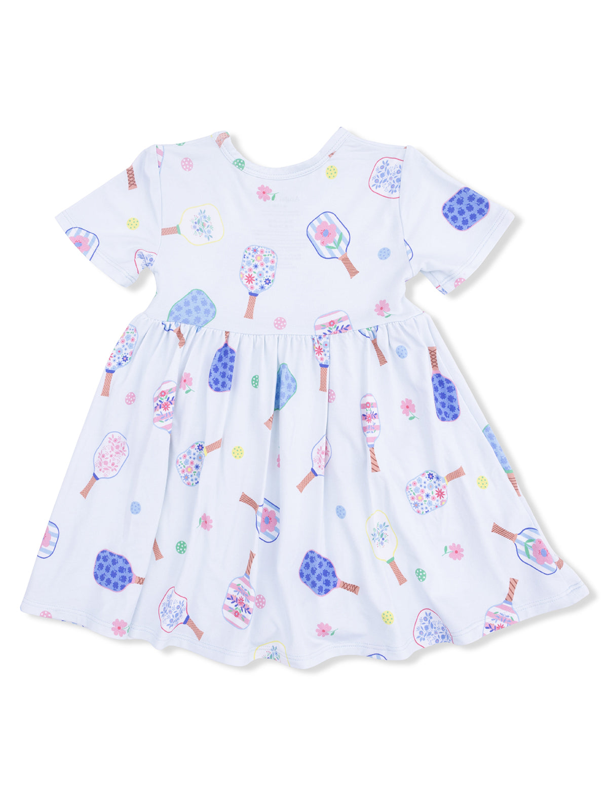 White dress with colorful ice cream prints in various shapes and sizes, featuring short sleeves and a flared skirt.
