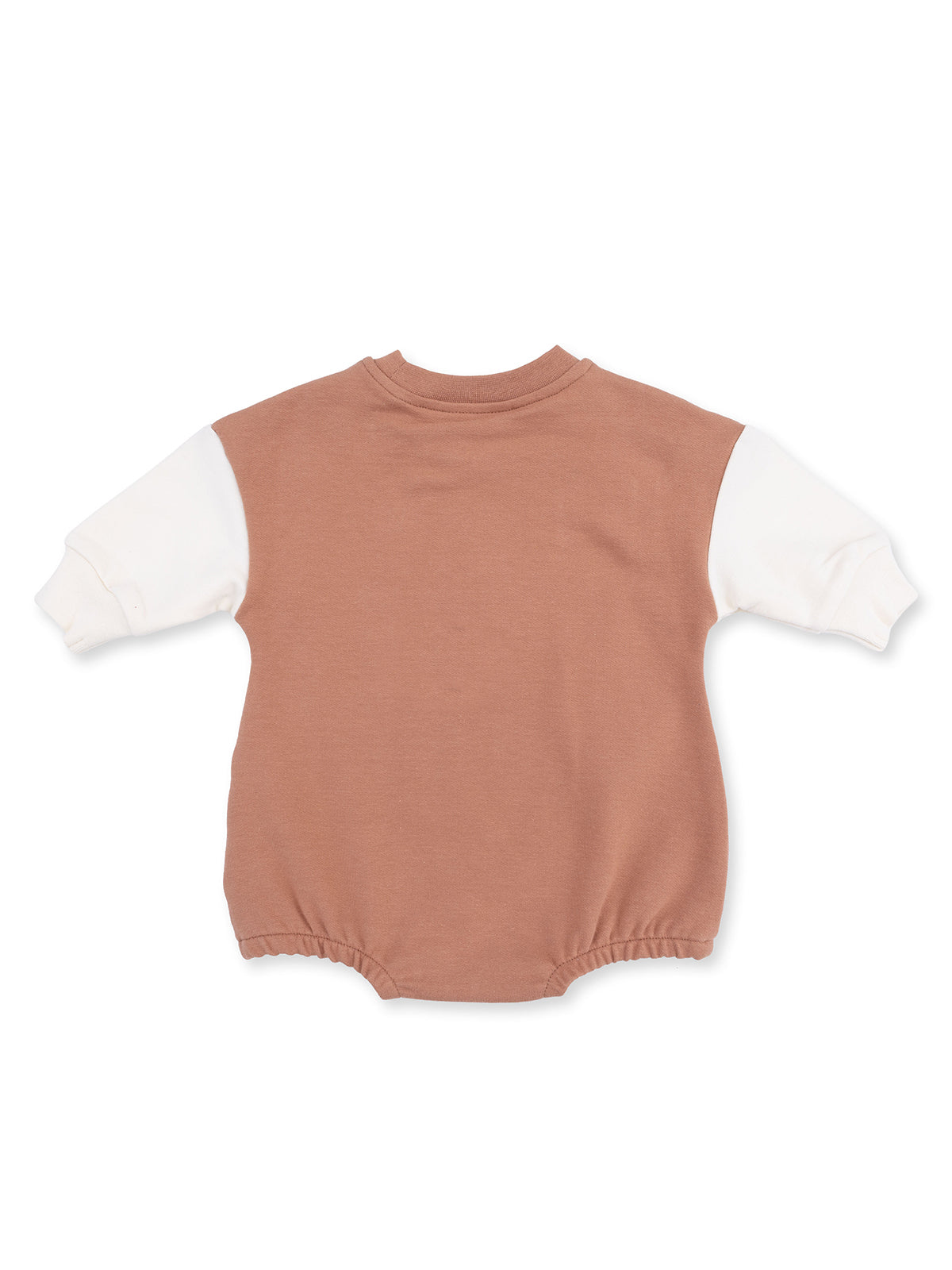 Back view of a brown and white infant onesie with long sleeves and a rounded neckline.