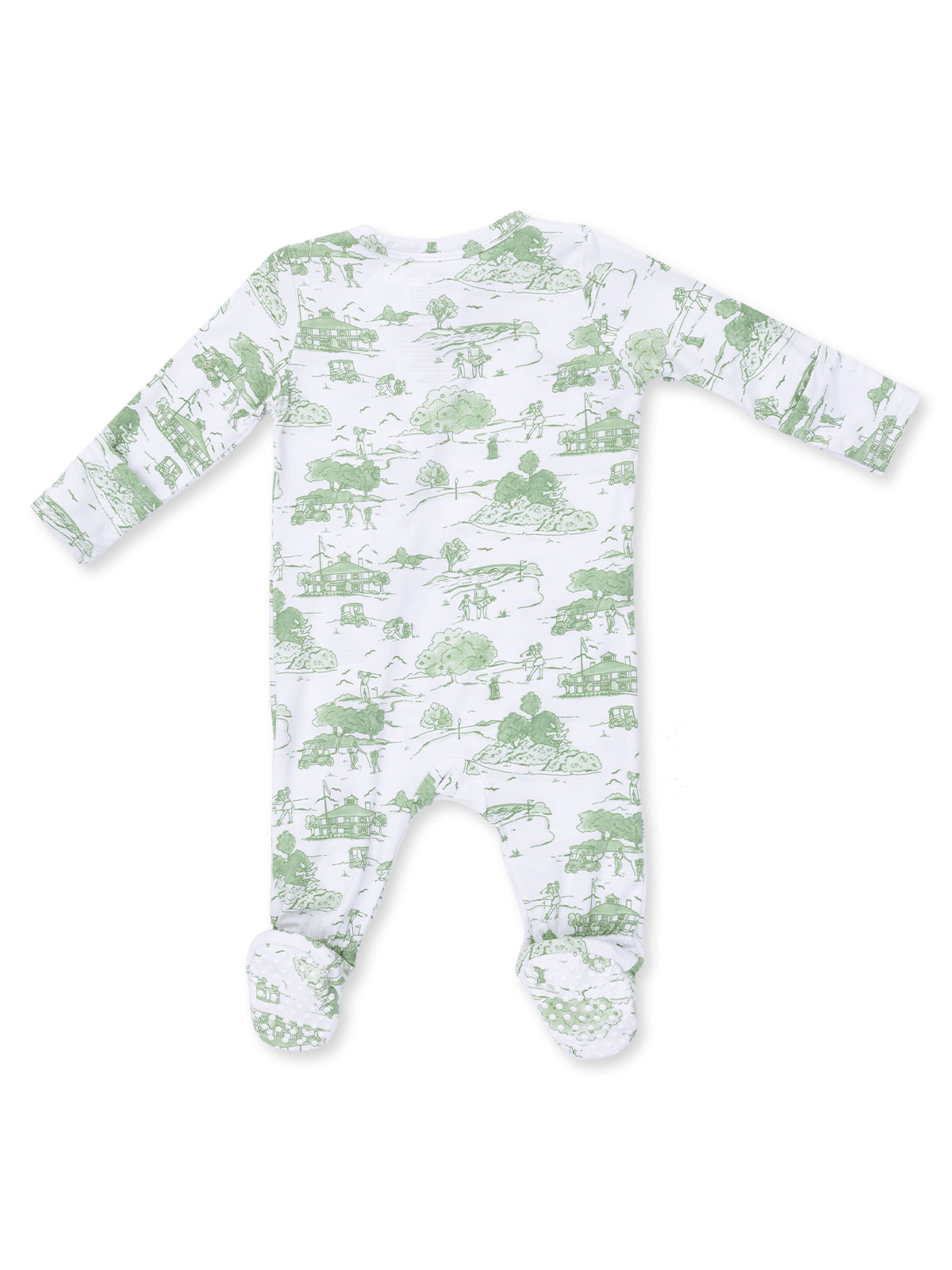 White onesie with green outdoor-themed illustrations, featuring long sleeves and footed design. Back view shown.