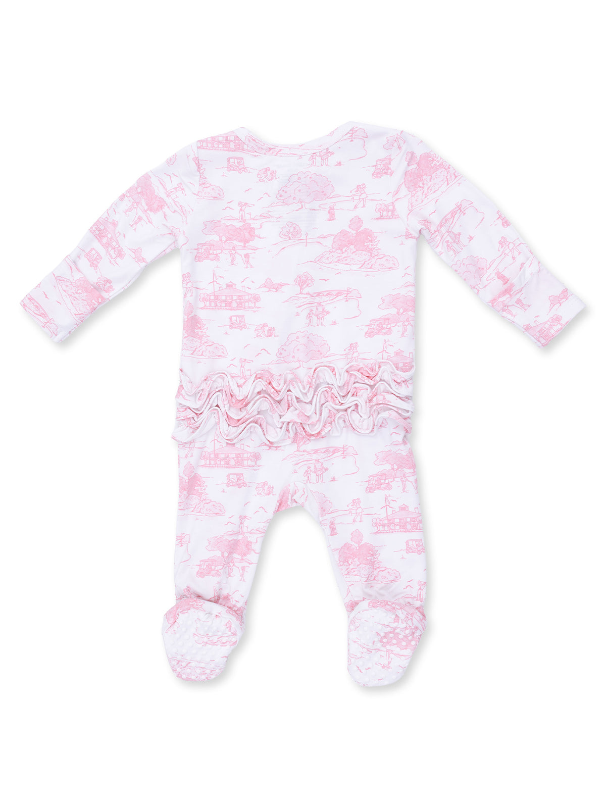 Pink ruffled baby footed onesie featuring a scenic print on the back. Perfect for cozy wear.