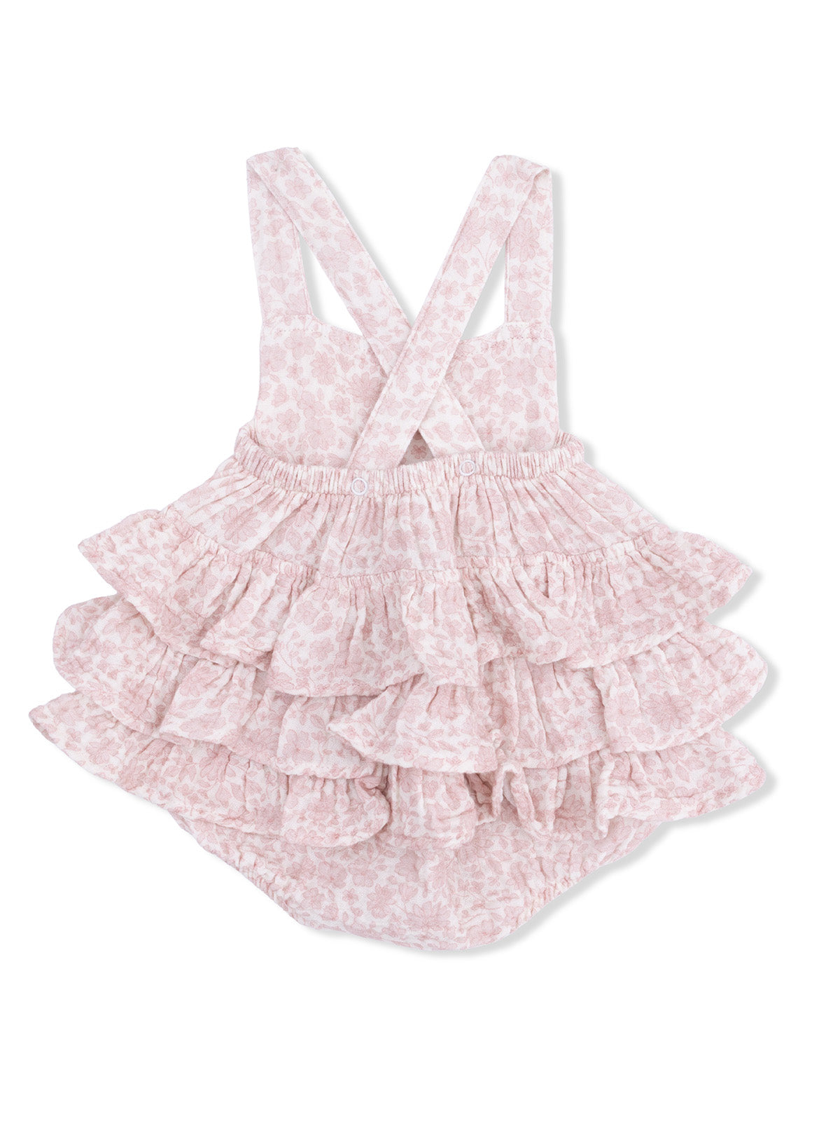 Pink floral baby romper with ruffled layers and crisscross straps on the back.