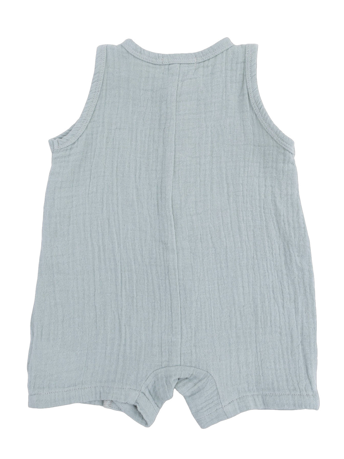 Light blue sleeveless baby romper with a textured fabric, shown from the back.