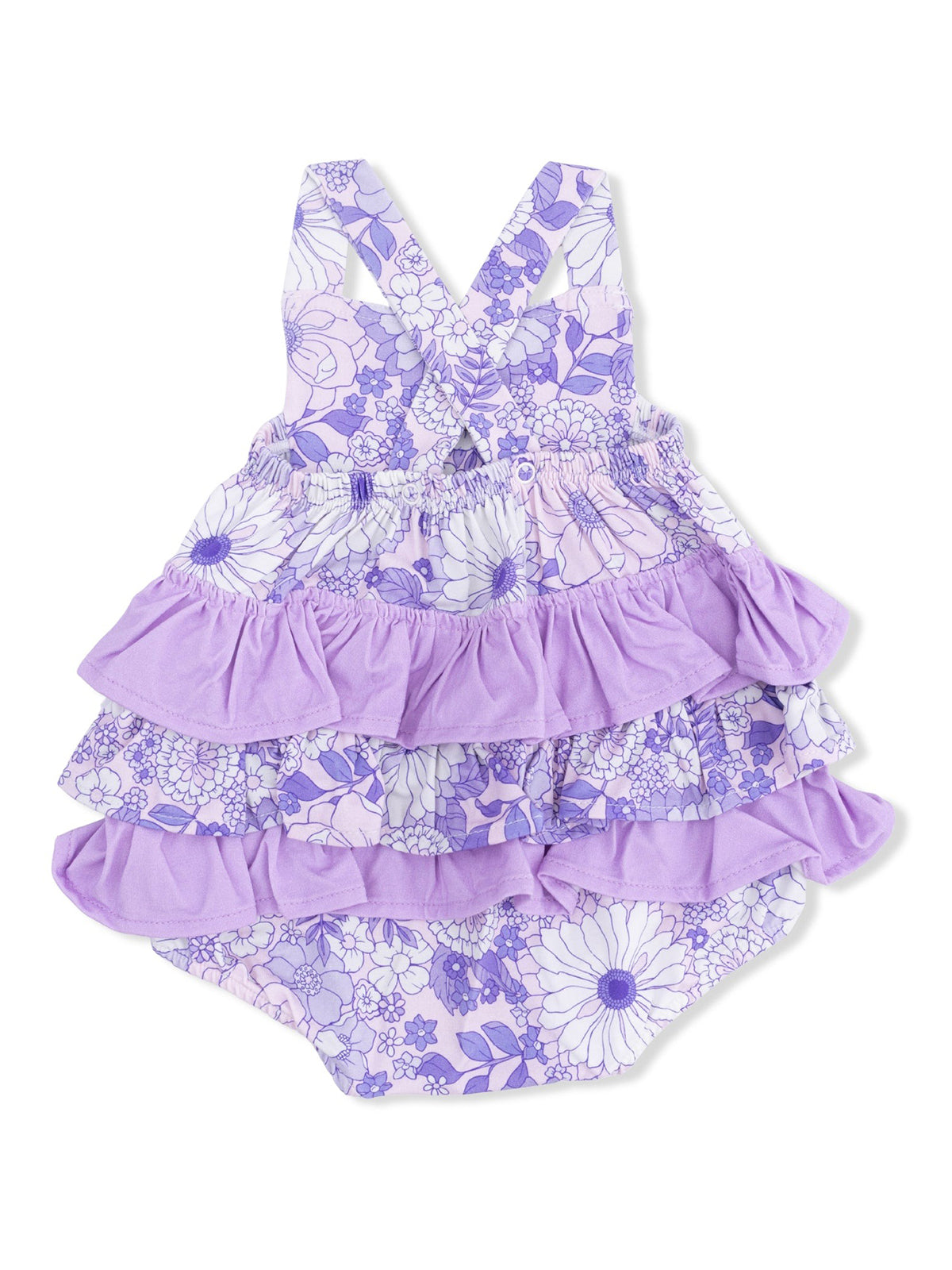 Purple floral toddler dress with ruffled layers and crisscross back straps. Perfect for spring and summer outings.