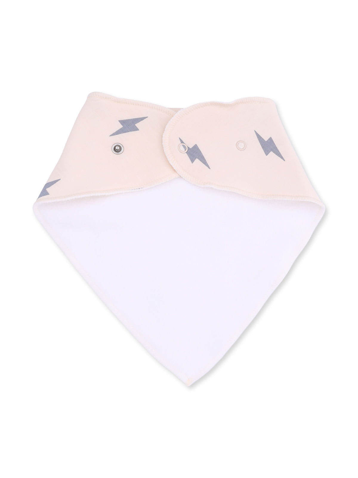 Light pink bib with gray lightning bolt design, featuring snap closure for adjustable fit.