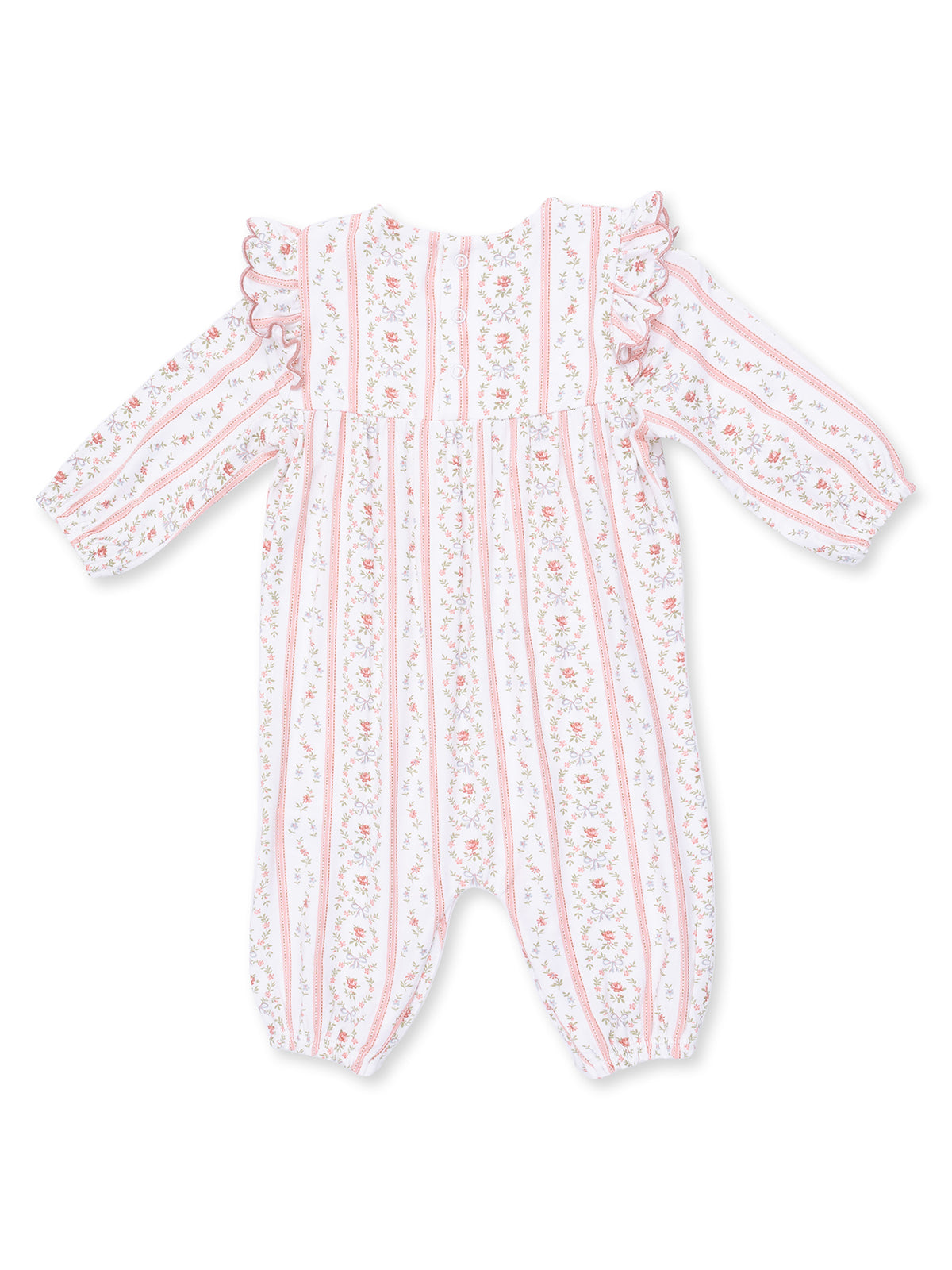 Floral pattern baby romper in pink with ruffled sleeves and vertical stripes, ideal for comfortable wear.