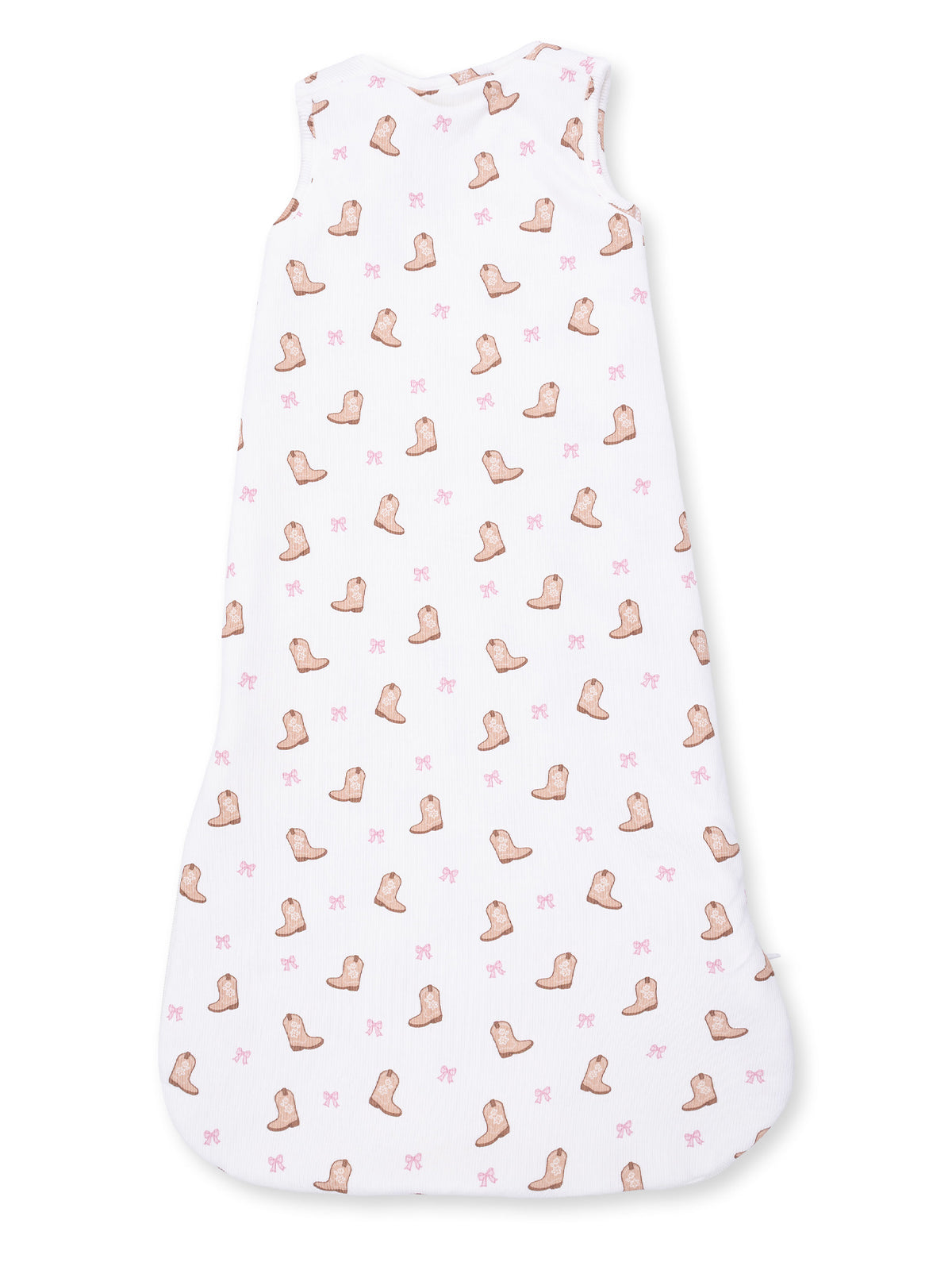 White sleeveless sleep sack with pink cowboy boot and bow patterns. Ideal for cozy sleepwear.