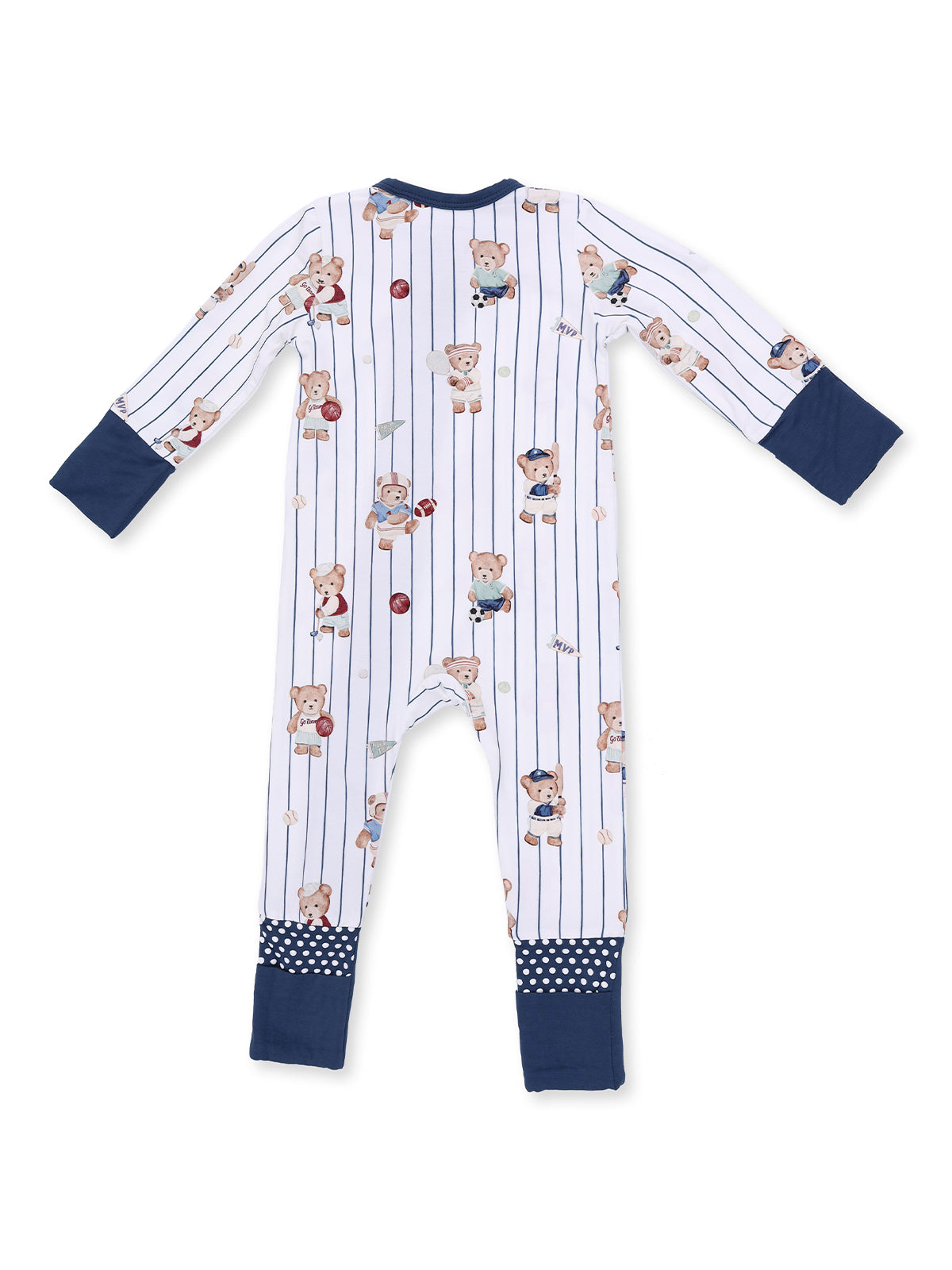 Children's pajamas with bear prints, stripes, and navy blue accents, designed for comfort and play.