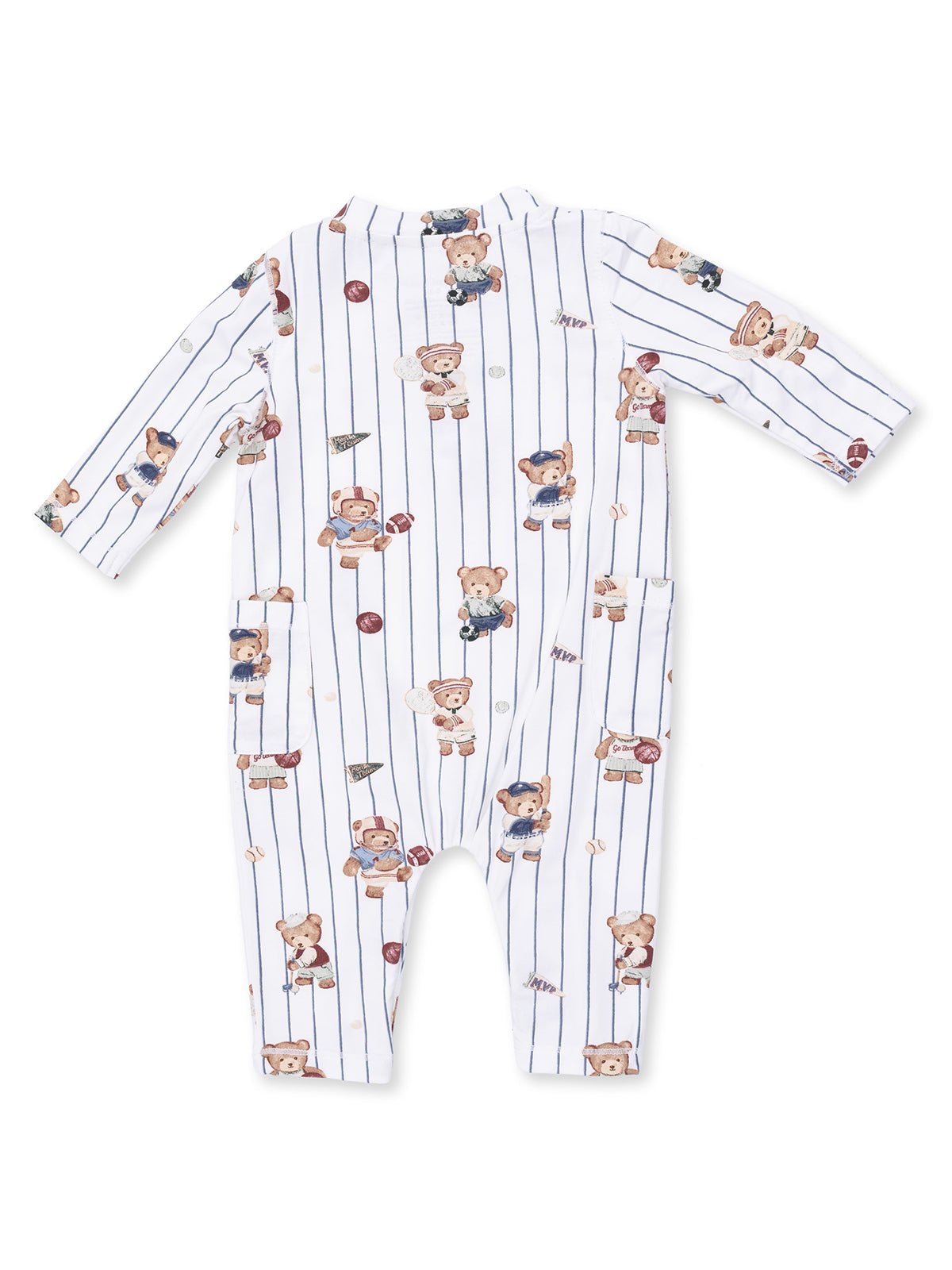 White striped baby onesie with playful bear illustrations and playful sports-themed accents.