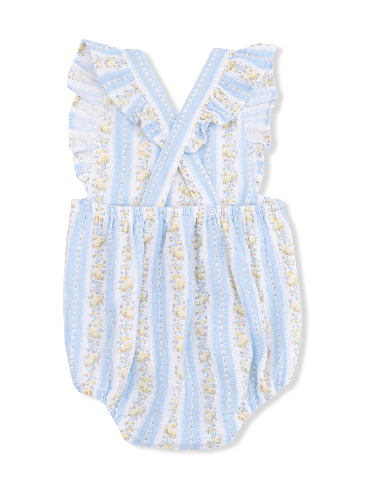 Light blue floral baby romper with ruffled straps and elastic waistband. Perfect for summer outfits.