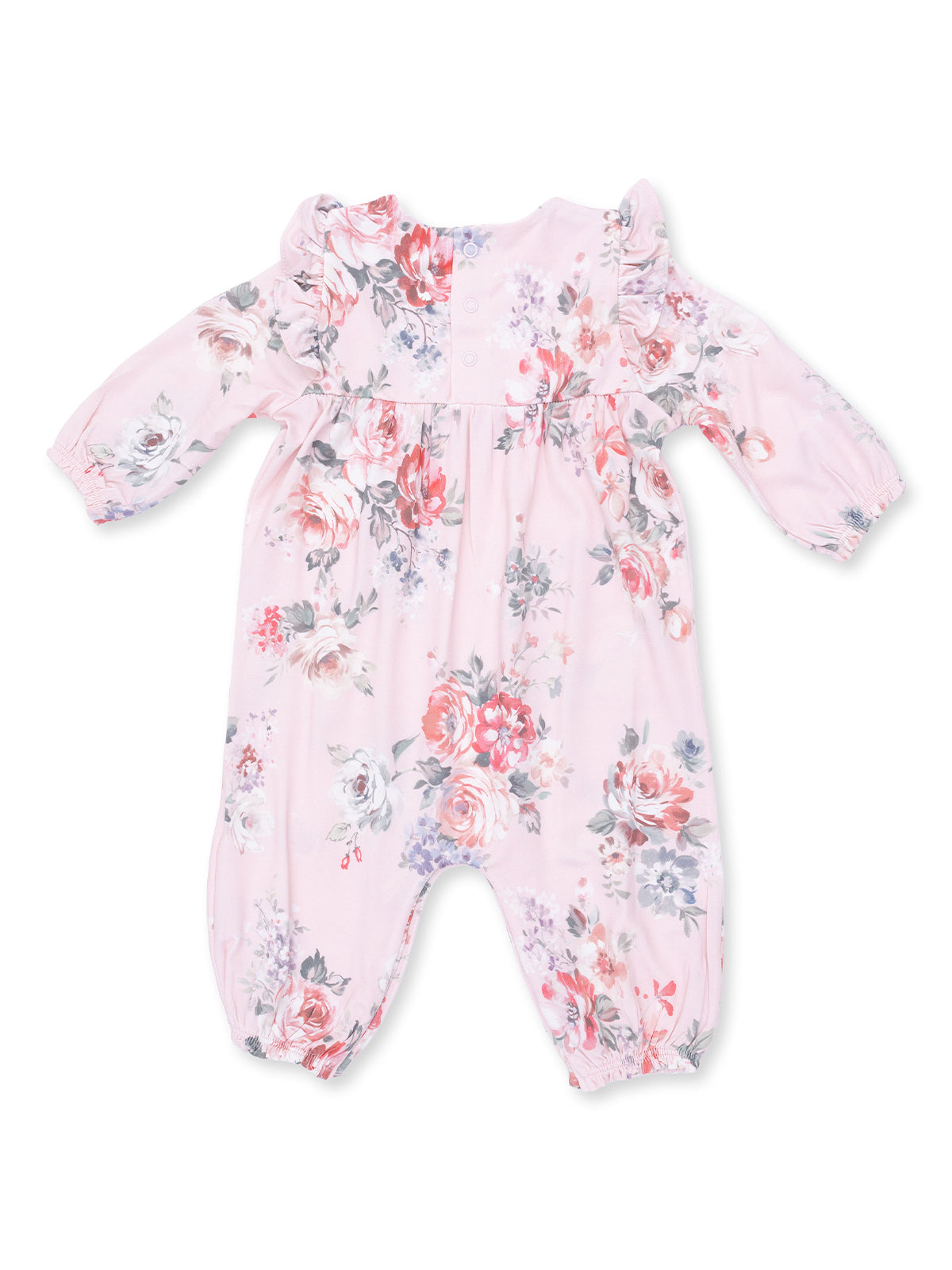 Floral baby romper in soft pink with ruffle sleeves and button closure, perfect for spring outfits.