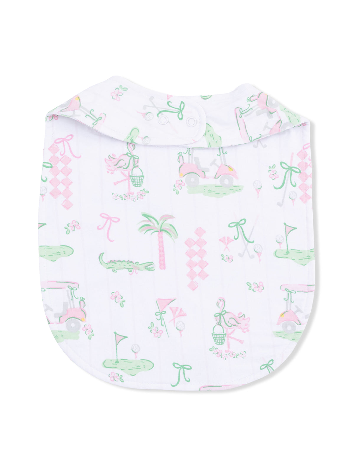 Patterned baby bib featuring pink flamingos, golf carts, and palm trees on a white background.