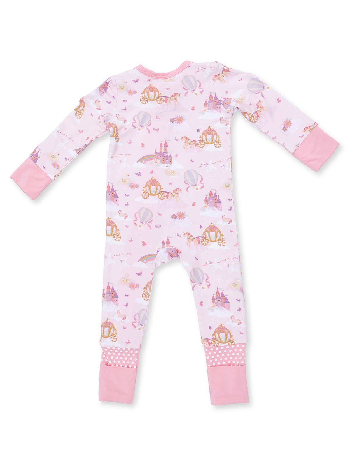 Pink children’s pajama featuring whimsical patterns of castles, unicorns, and hot air balloons.