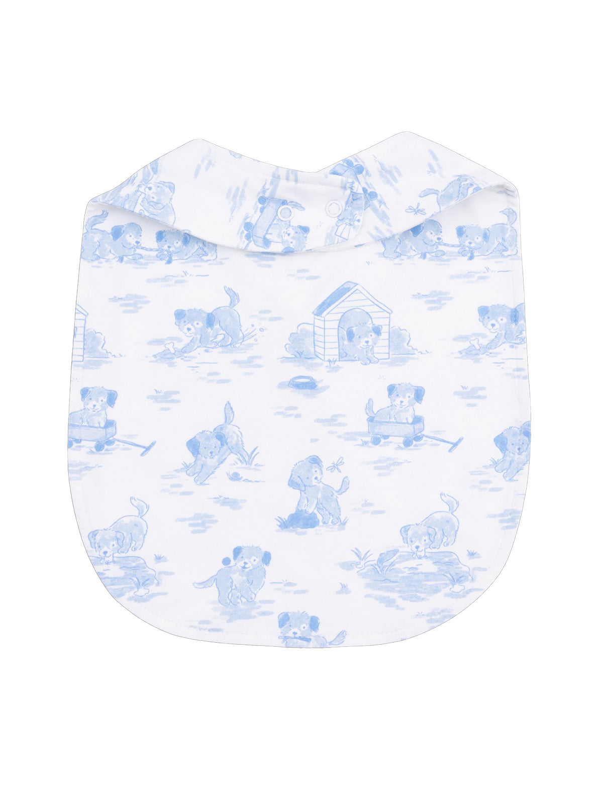 Blue bib with playful puppy illustrations on a white background. Perfect for feeding time.