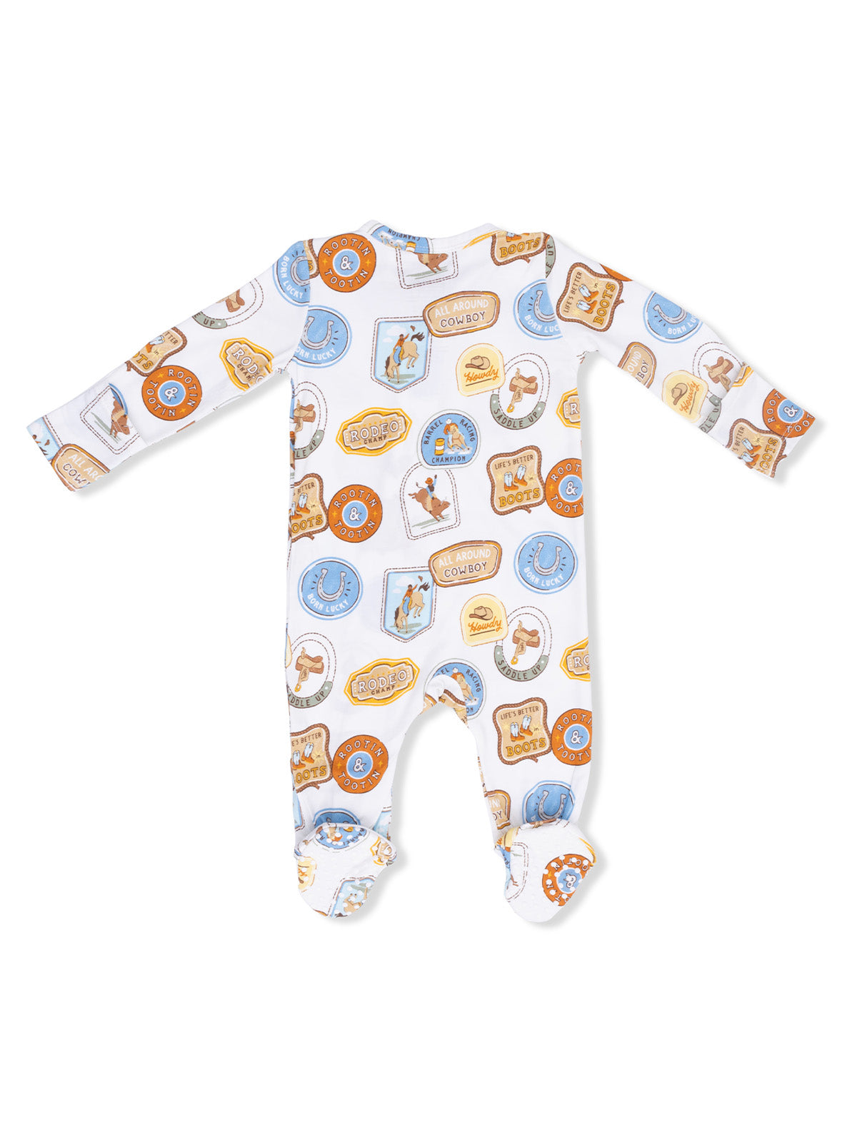 Baby onesie with cowboy-themed prints, featuring horseshoes, rodeo, and playful graphics. Ideal for toddlers.