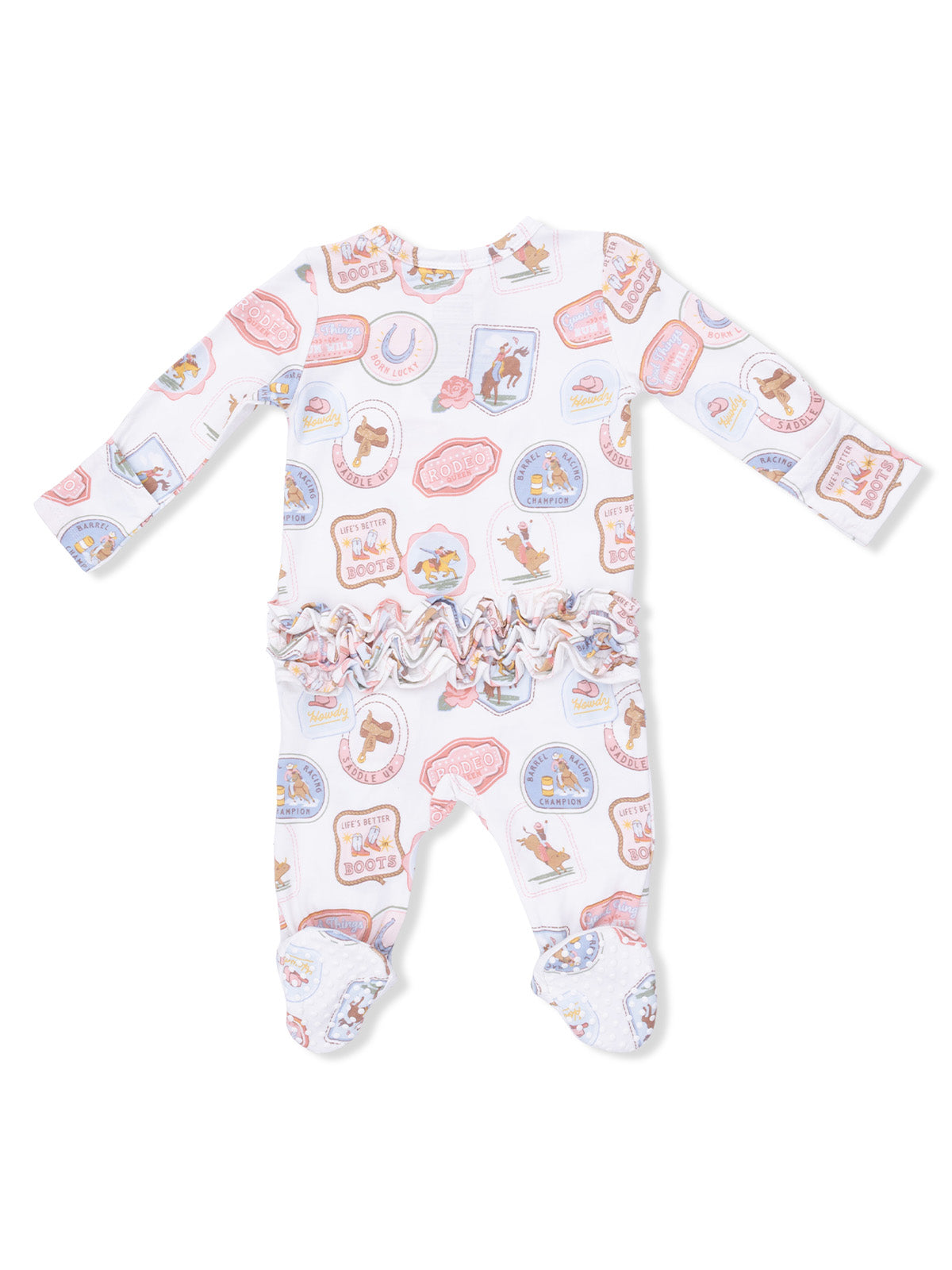 White romper featuring colorful rodeo-themed patterns and ruffled trim around the waist and feet.