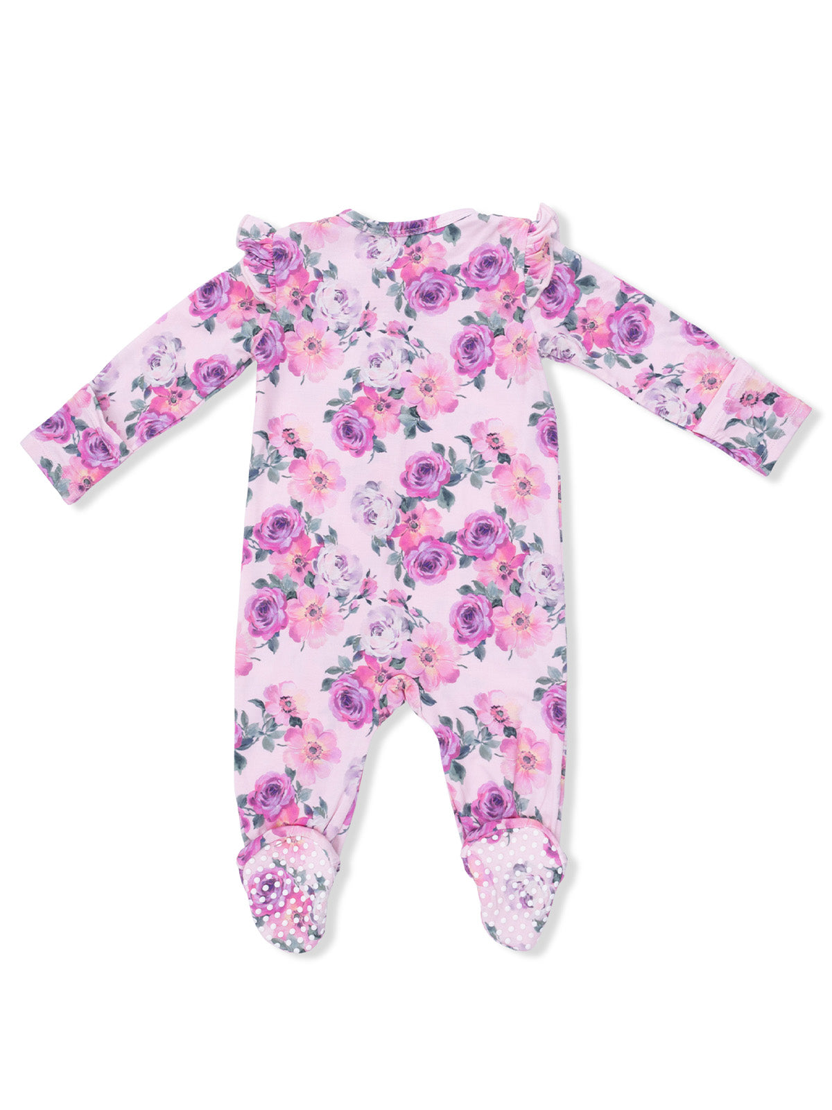 Floral baby onesie with ruffled shoulders and decorative polka dot grip on the feet, viewed from the back.