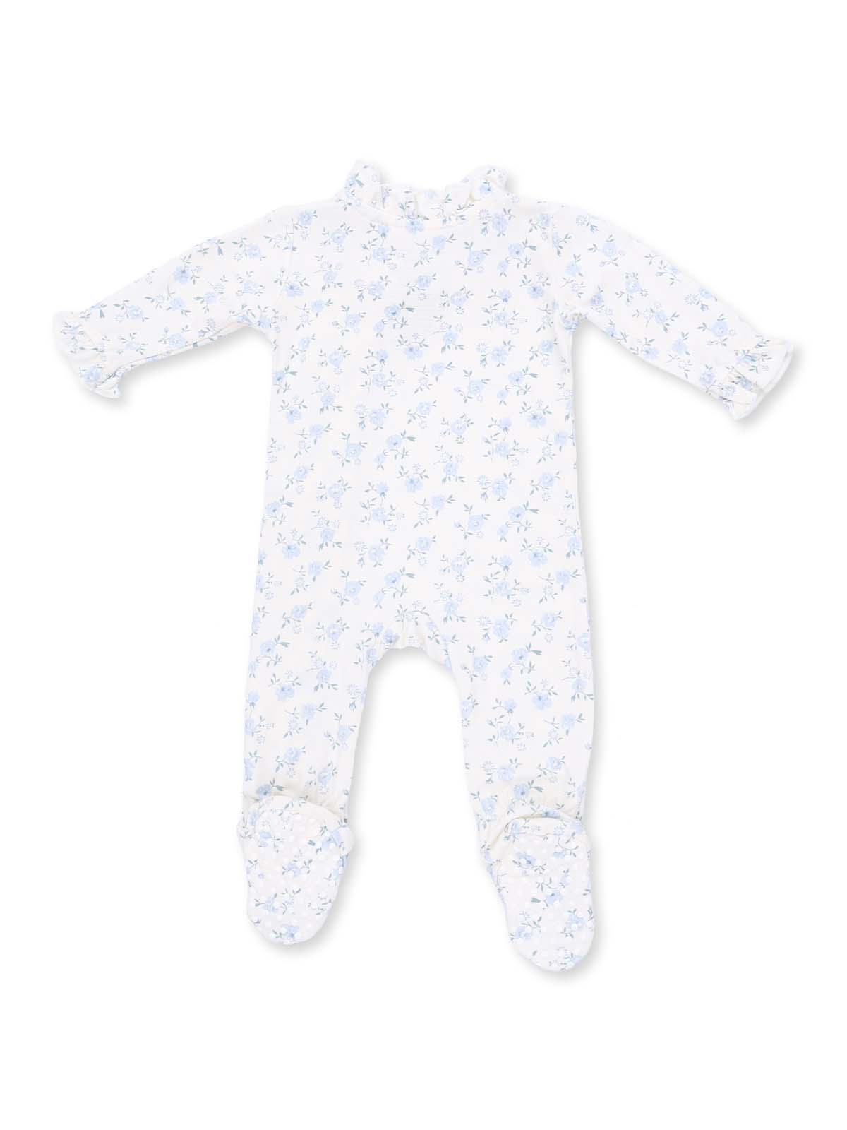 Baby onesie with floral pattern in soft white and blue, featuring long sleeves and footed design.