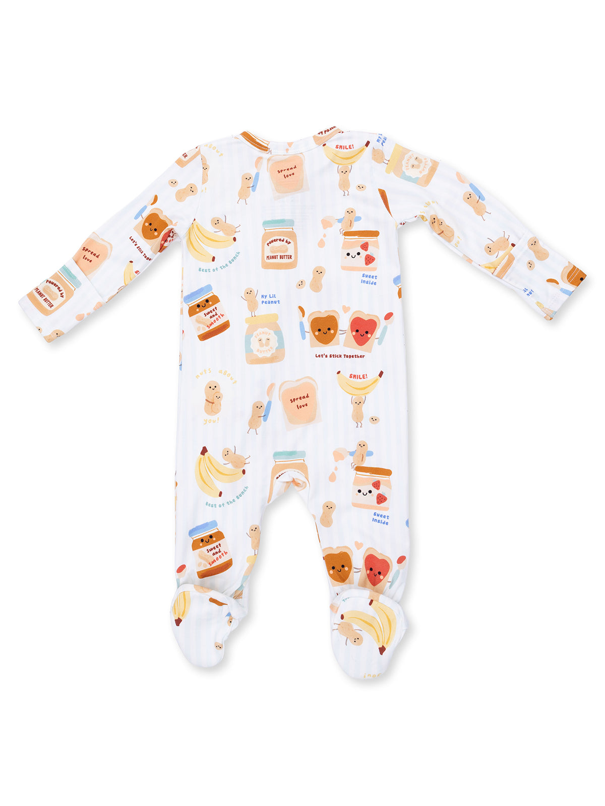 Cute children's pajama onesie with playful peanut-themed patterns and colorful graphics.