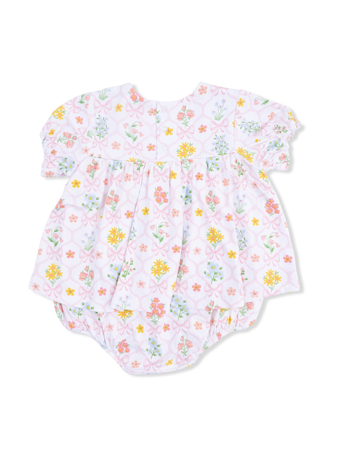 Floral-patterned baby romper with short puff sleeves and snap closure at the back, in pastel colors.