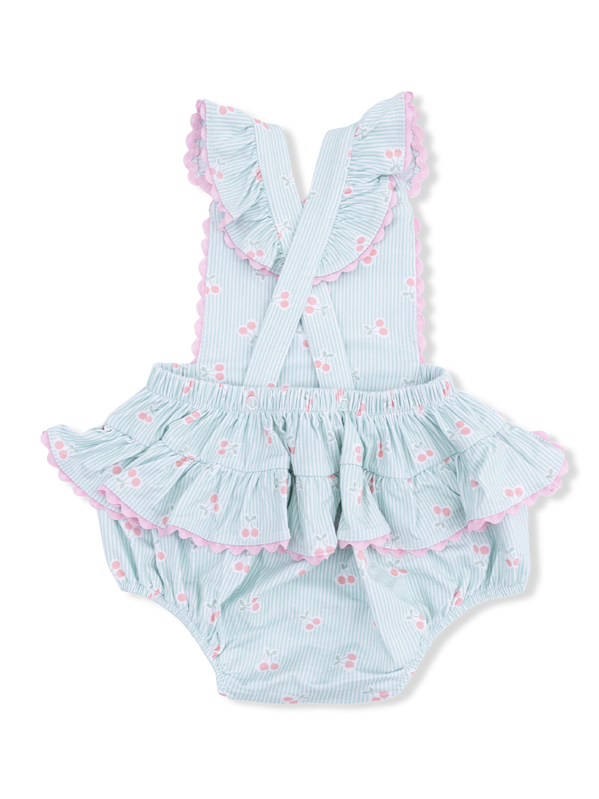 Blue striped infant swimsuit with pink cherry pattern and ruffled edges on straps and waist.