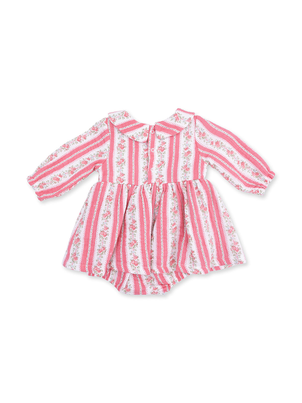 Pink striped baby dress with floral patterns and a collar, featuring a button closure at the back.