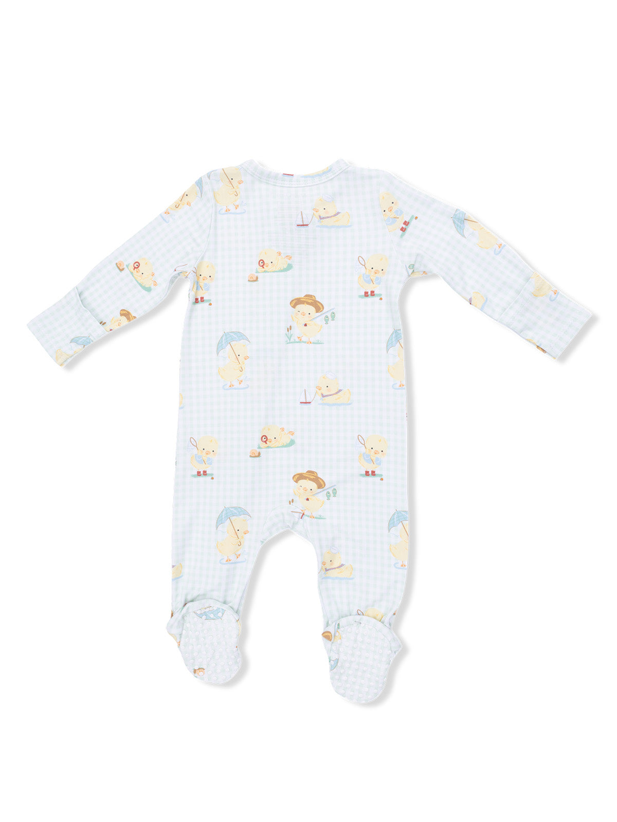 Baby onesie with playful animal prints in soft colors, featuring long sleeves and footed design.