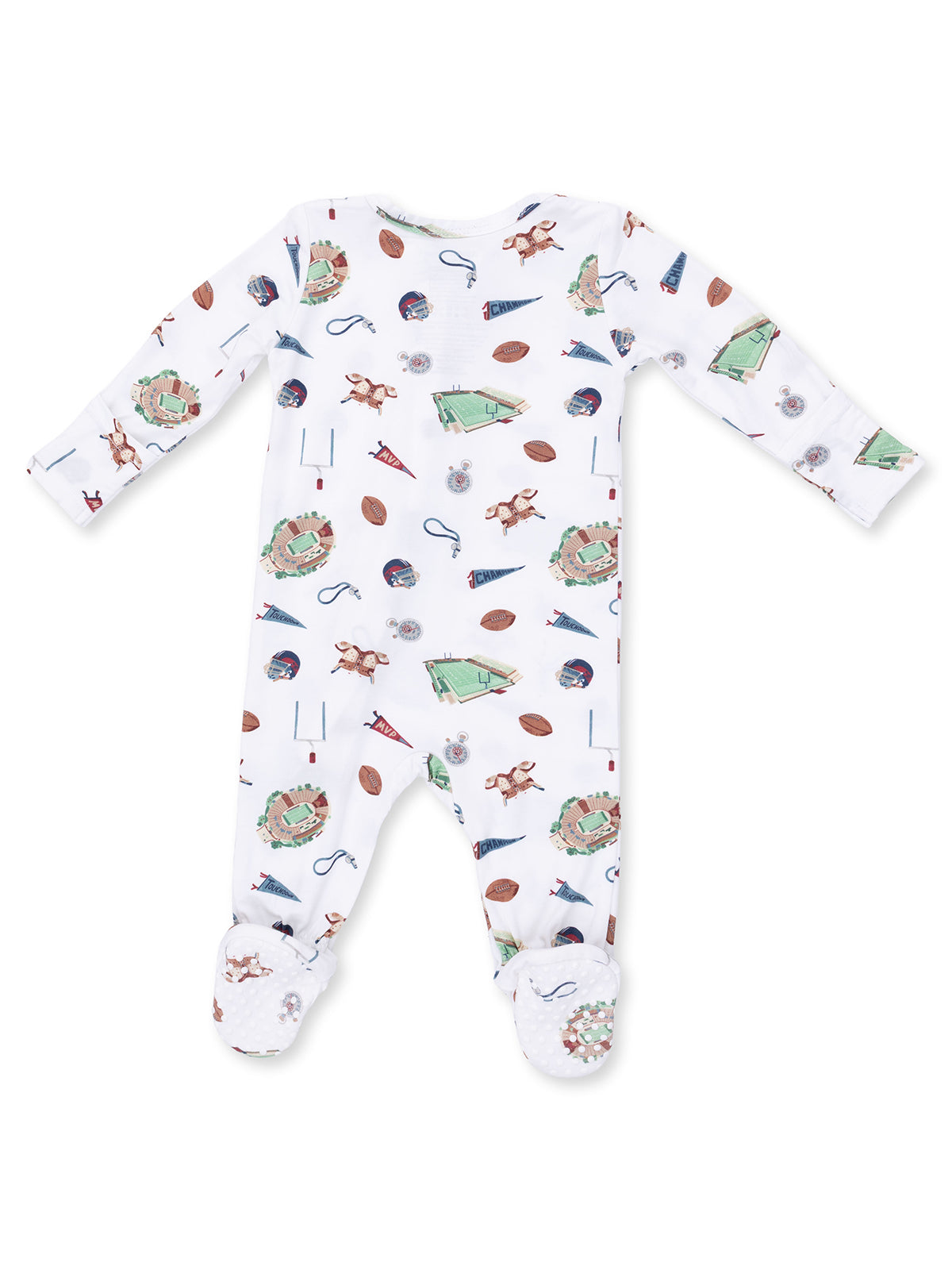 White baby onesie featuring sports-themed prints including footballs and pennants, with footed design and long sleeves.