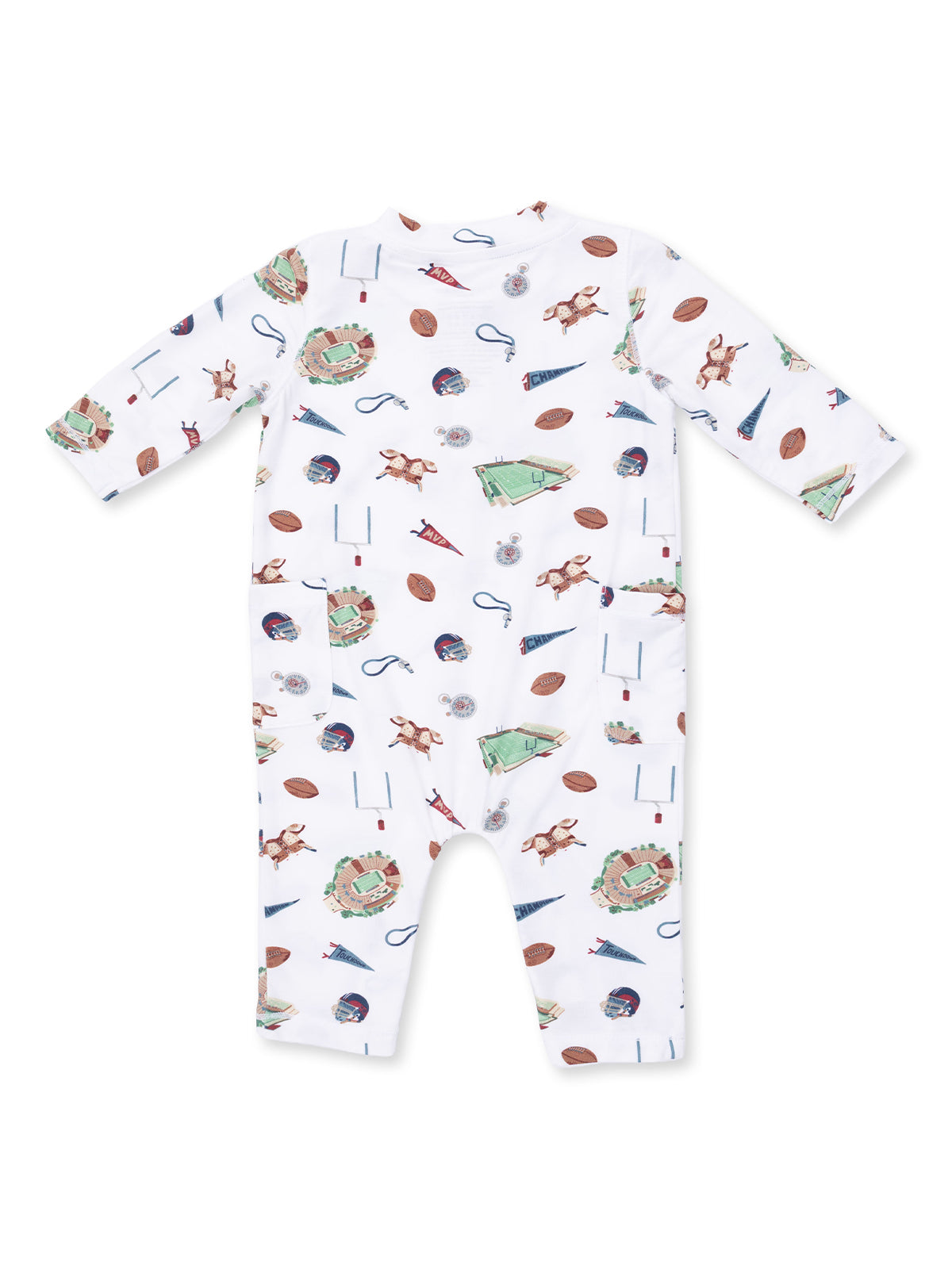 White baby onesie with colorful sports-themed prints, including balls, fields, and pennants.