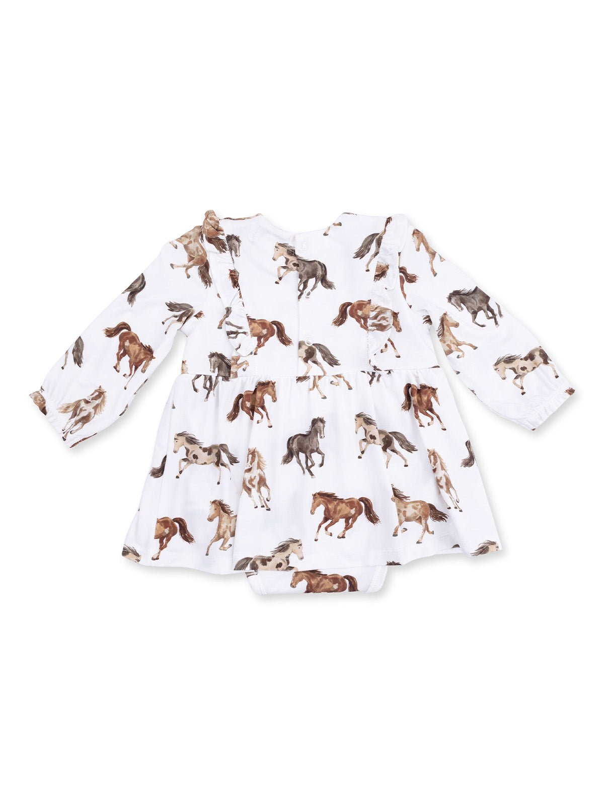 White dress with long sleeves featuring a playful horse print in various colors. Perfect for little ones.