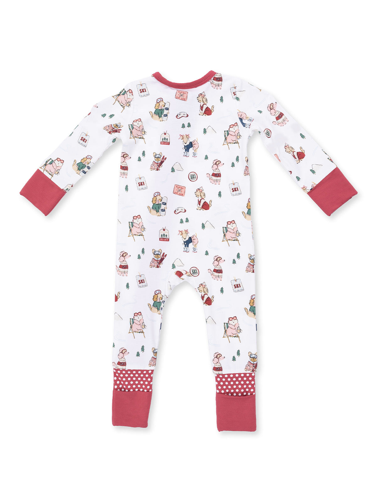 Children's pajamas with playful animal and winter activity prints, featuring long sleeves and polka dot accents.