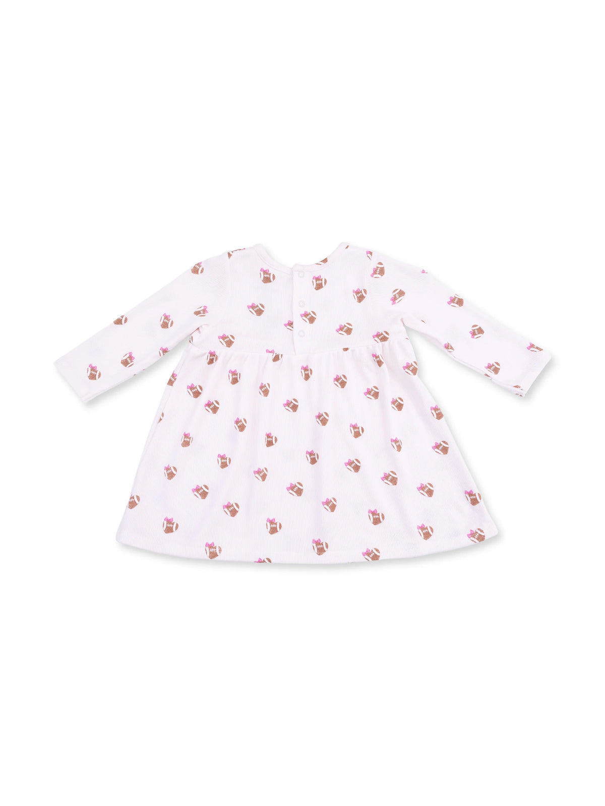 White dress with long sleeves, featuring a playful cupcake pattern throughout.