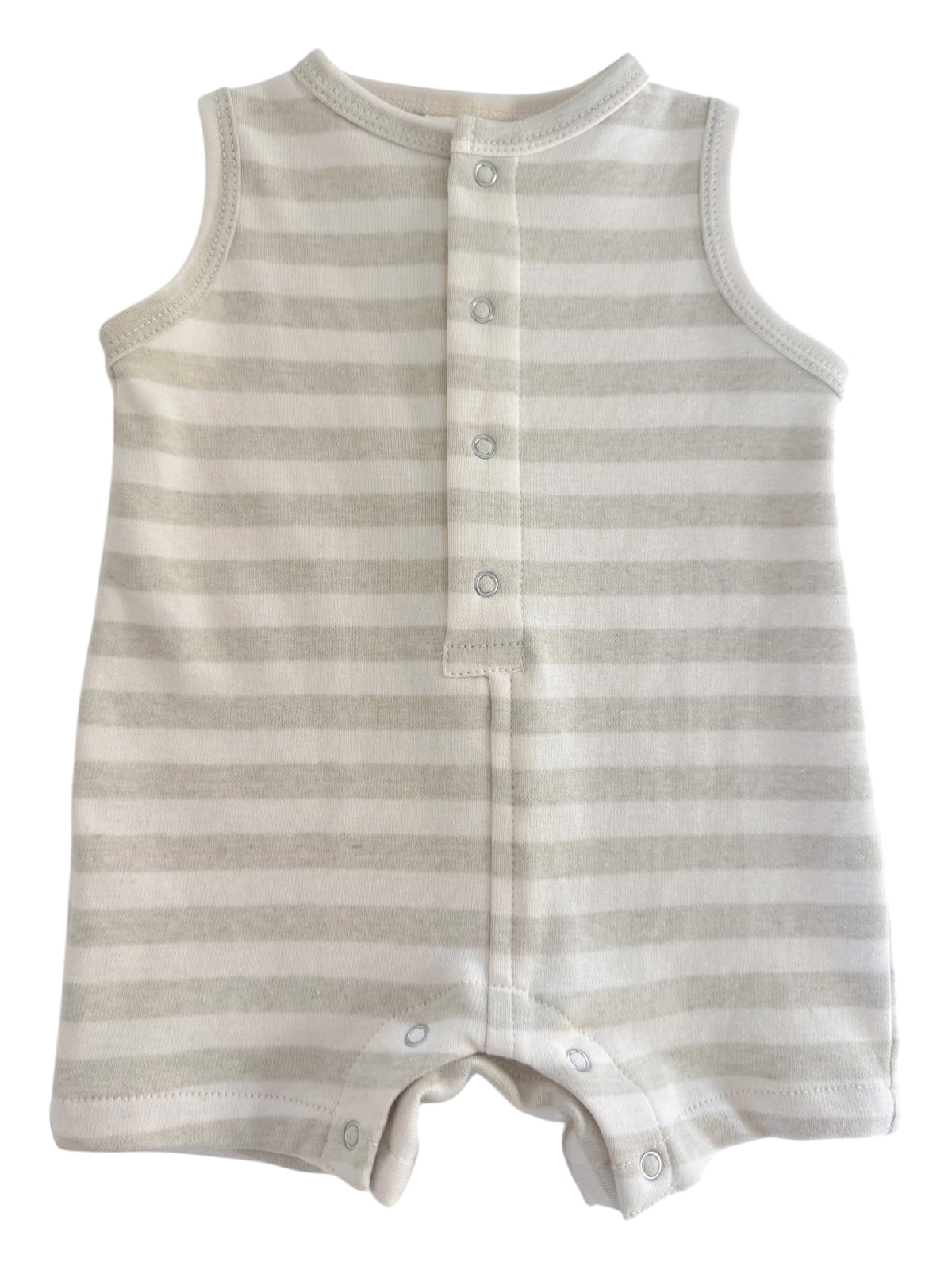 Light gray and white striped baby onesie with snap buttons, sleeveless design, and a casual style.