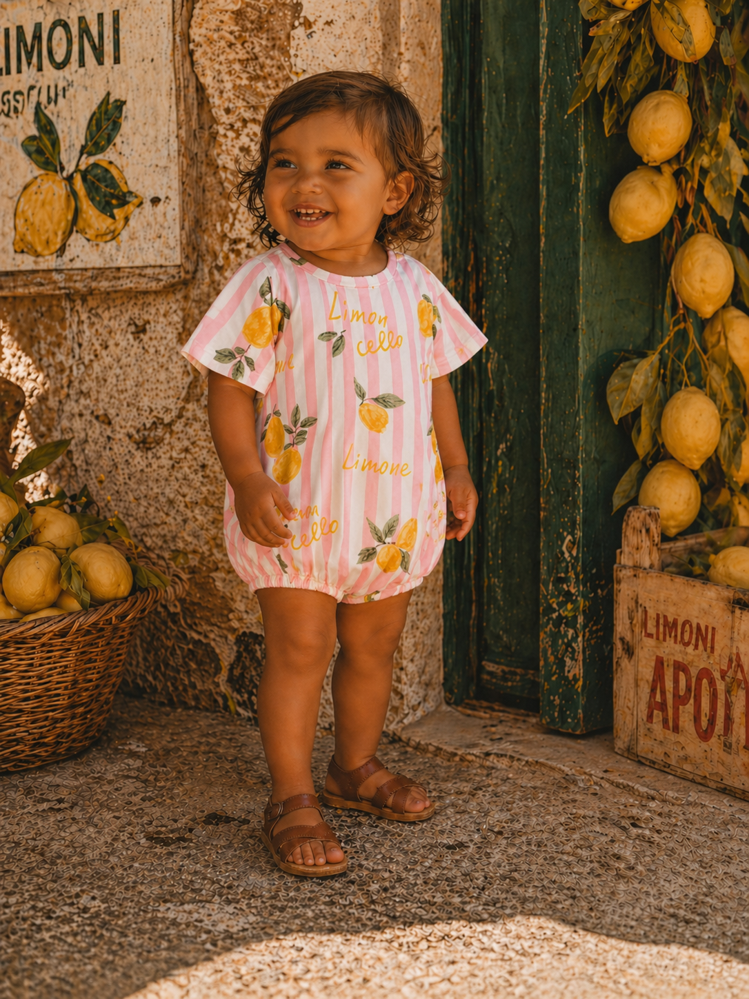 Smiling child in lemon-print outfit stands by a rustic wall adorned with lemons and a basket of fruit.